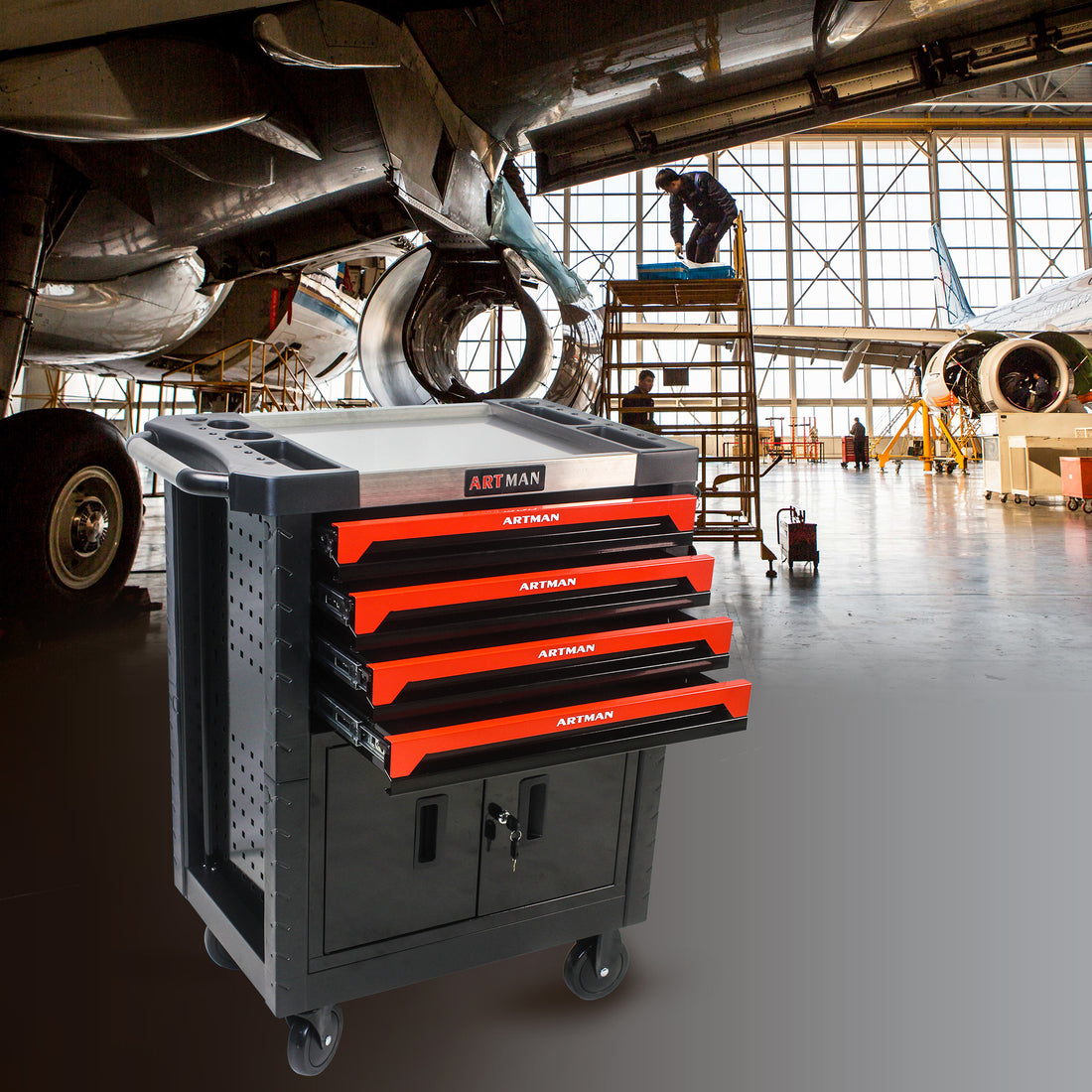 Removable 4 Drawers Tool Cart With Lock Black Red Metal