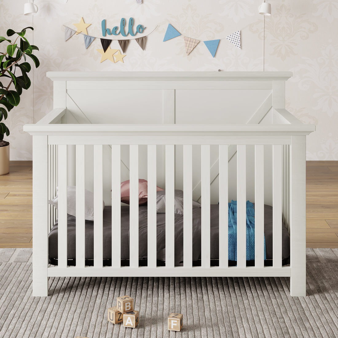 Rustic Farmhouse Style Whitewash 4 In 1 Convertible Baby Crib Converts To Toddler Bed, Daybed And Full Size Bed, White White Solid Wood Mdf