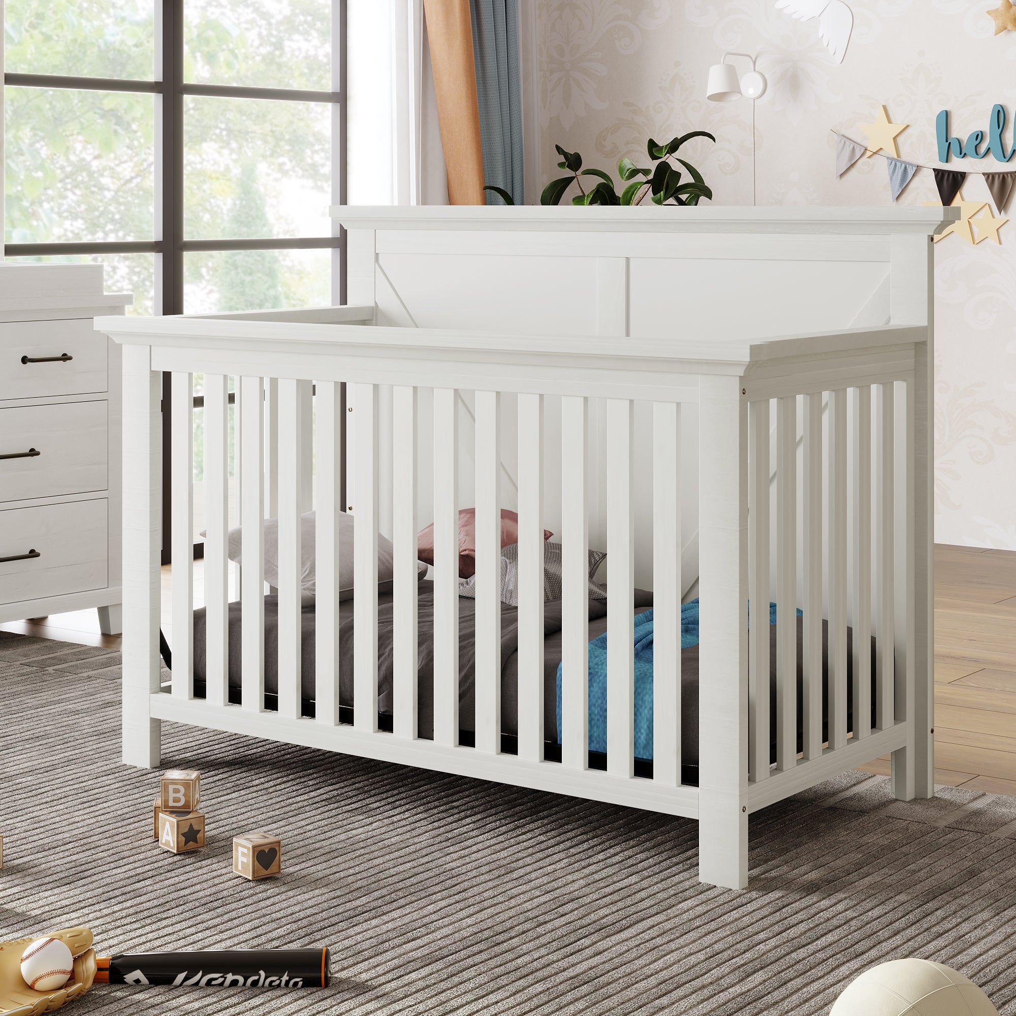 Rustic Farmhouse Style Whitewash 4 In 1 Convertible Baby Crib Converts To Toddler Bed, Daybed And Full Size Bed, White White Solid Wood Mdf