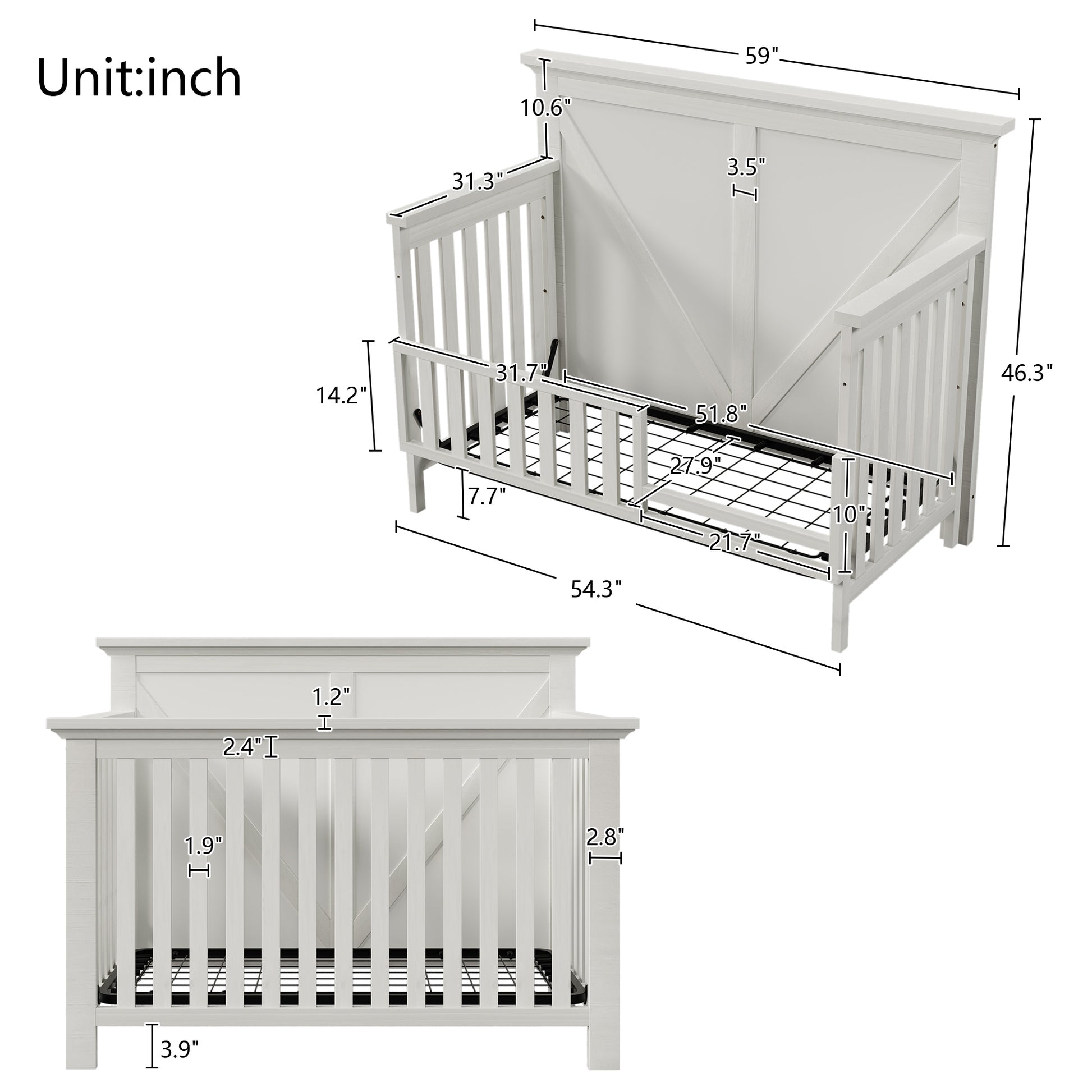 Rustic Farmhouse Style Whitewash 4 In 1 Convertible Baby Crib Converts To Toddler Bed, Daybed And Full Size Bed, White White Solid Wood Mdf