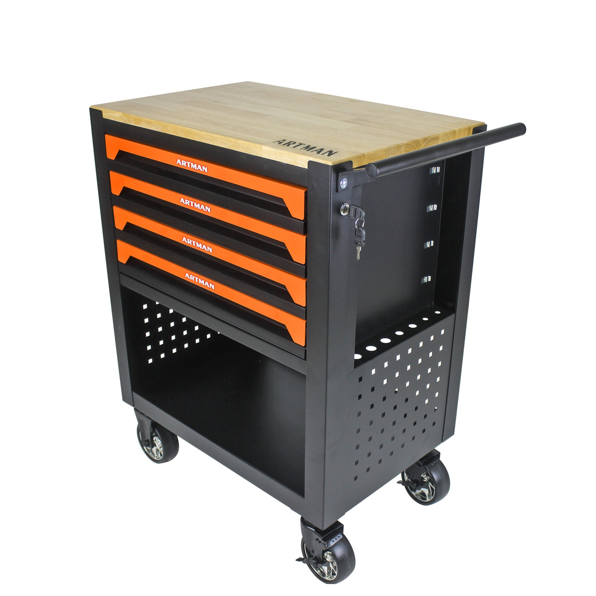 4 Drawers Multifunctional Tool Cart With Wheels And Wooden Top Orange Orange Metal