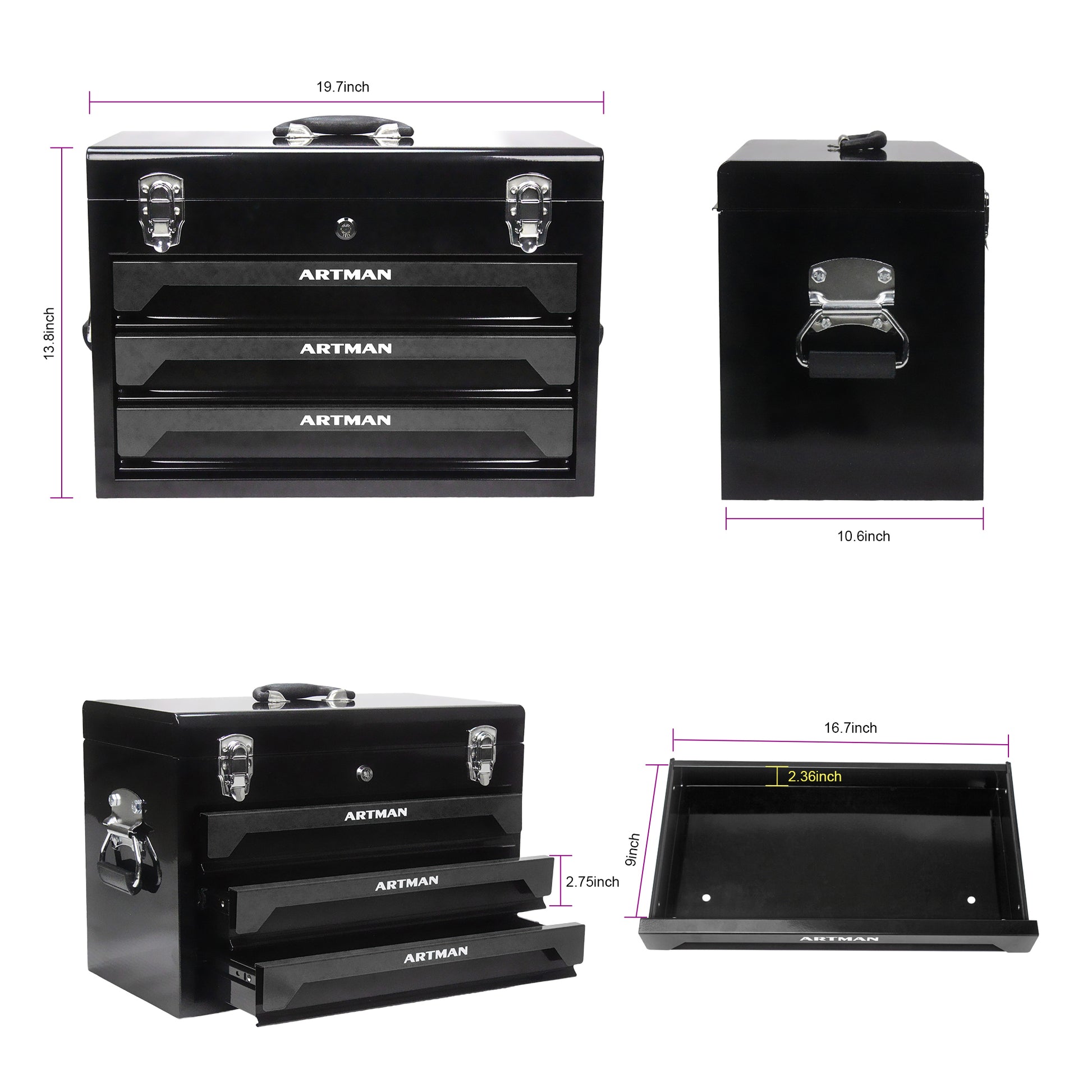 3 Drawers Tool Box With Tool Set Black Steel