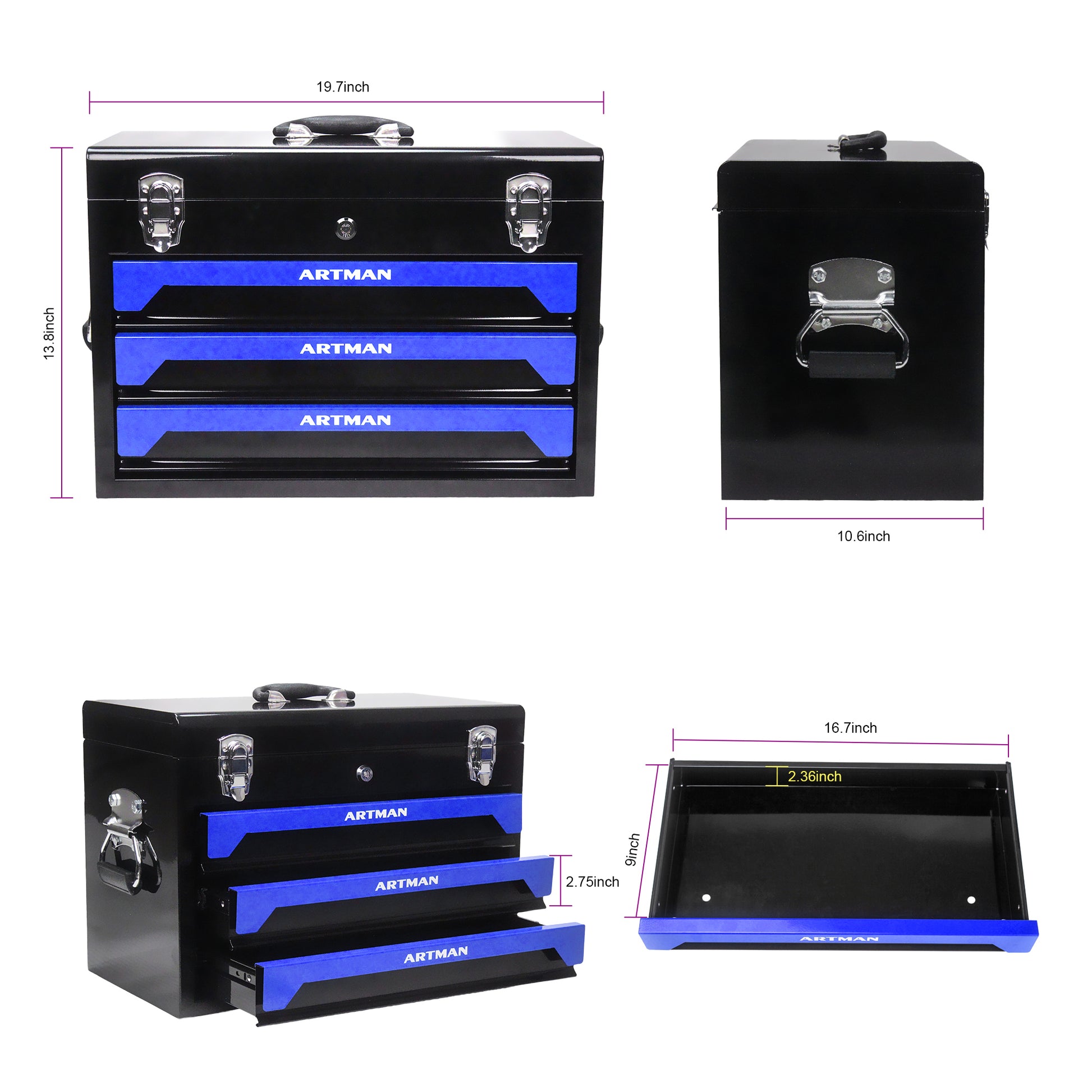 3 Drawers Tool Box With Tool Set Black Blue Steel