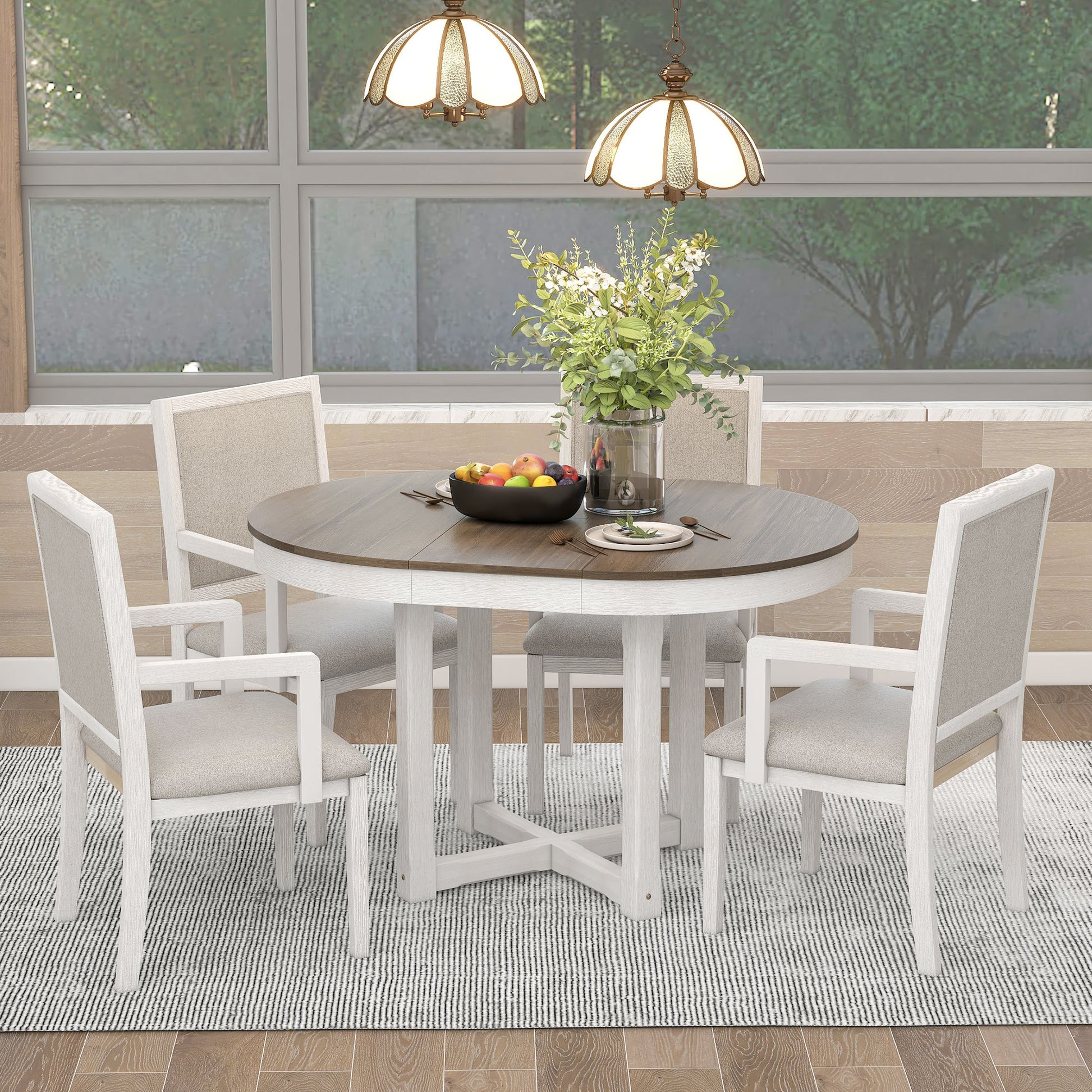 5 Piece Dining Table Set, Two Size Round To Oval Extendable Butterfly Leaf Wood Dining Table And 4 Upholstered Dining Chairs With Armrests Brown White Brown White Solid Wood Mdf