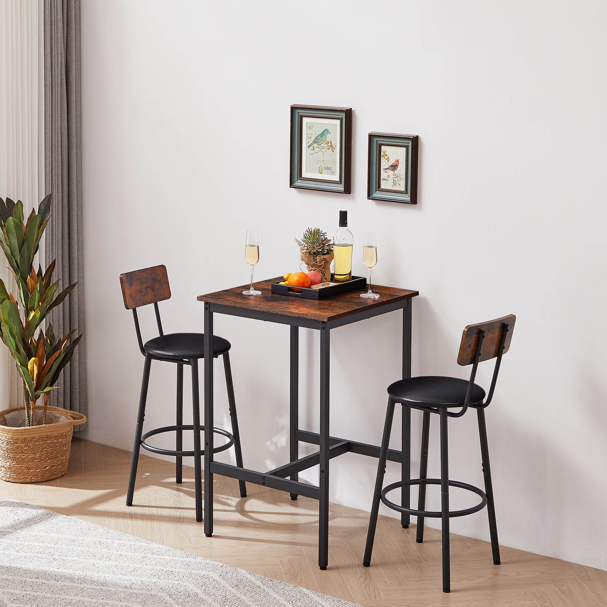 Bar Table Set With 2 Bar Stools Pu Soft Seat With Backrest, Rustic Brown, 23.62'' W X 23.62'' D X 35.43'' H Rustic Brown Particle Board