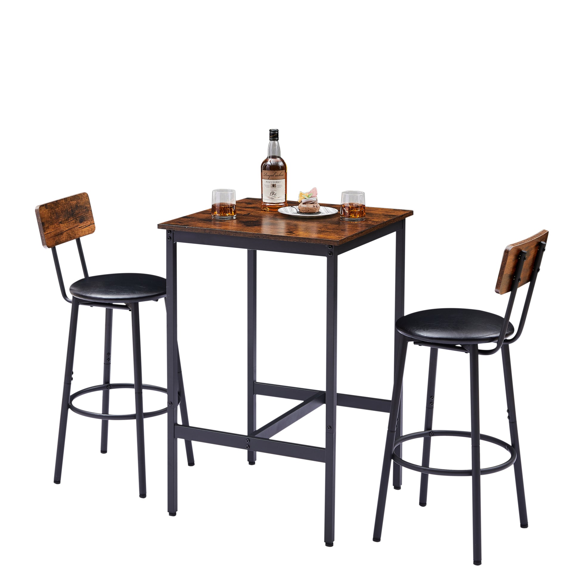 Bar Table Set With 2 Bar Stools Pu Soft Seat With Backrest, Rustic Brown, 23.62'' W X 23.62'' D X 35.43'' H Rustic Brown Particle Board