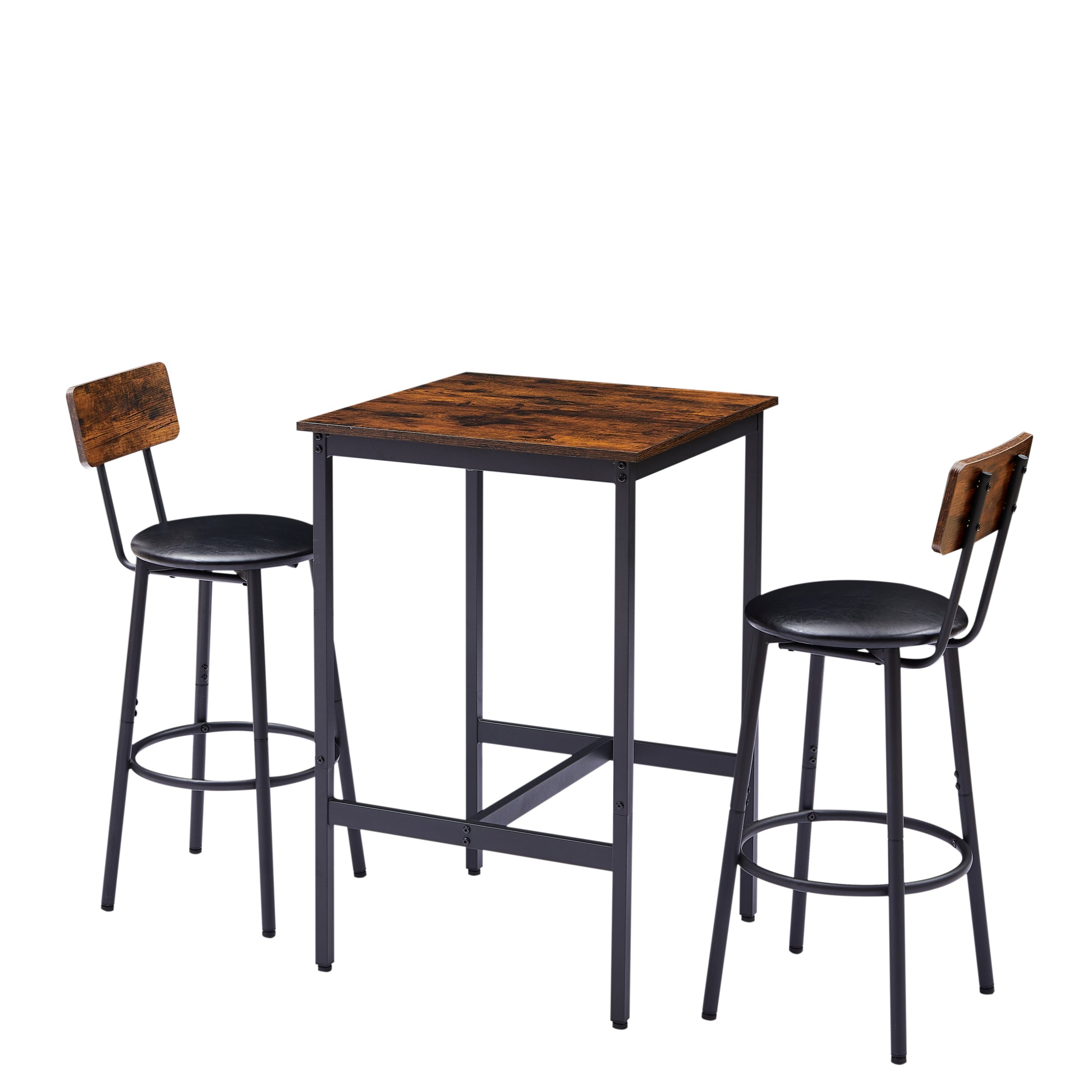 Bar Table Set With 2 Bar Stools Pu Soft Seat With Backrest, Rustic Brown, 23.62'' W X 23.62'' D X 35.43'' H Rustic Brown Particle Board