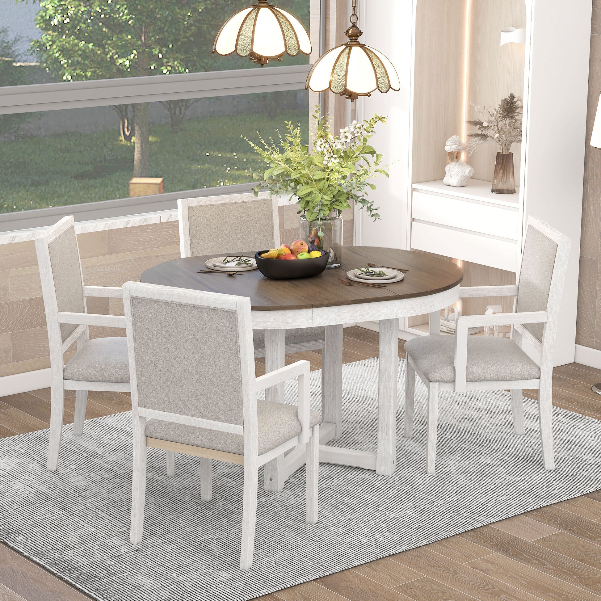 5 Piece Dining Table Set, Two Size Round To Oval Extendable Butterfly Leaf Wood Dining Table And 4 Upholstered Dining Chairs With Armrests Brown White Brown White Solid Wood Mdf