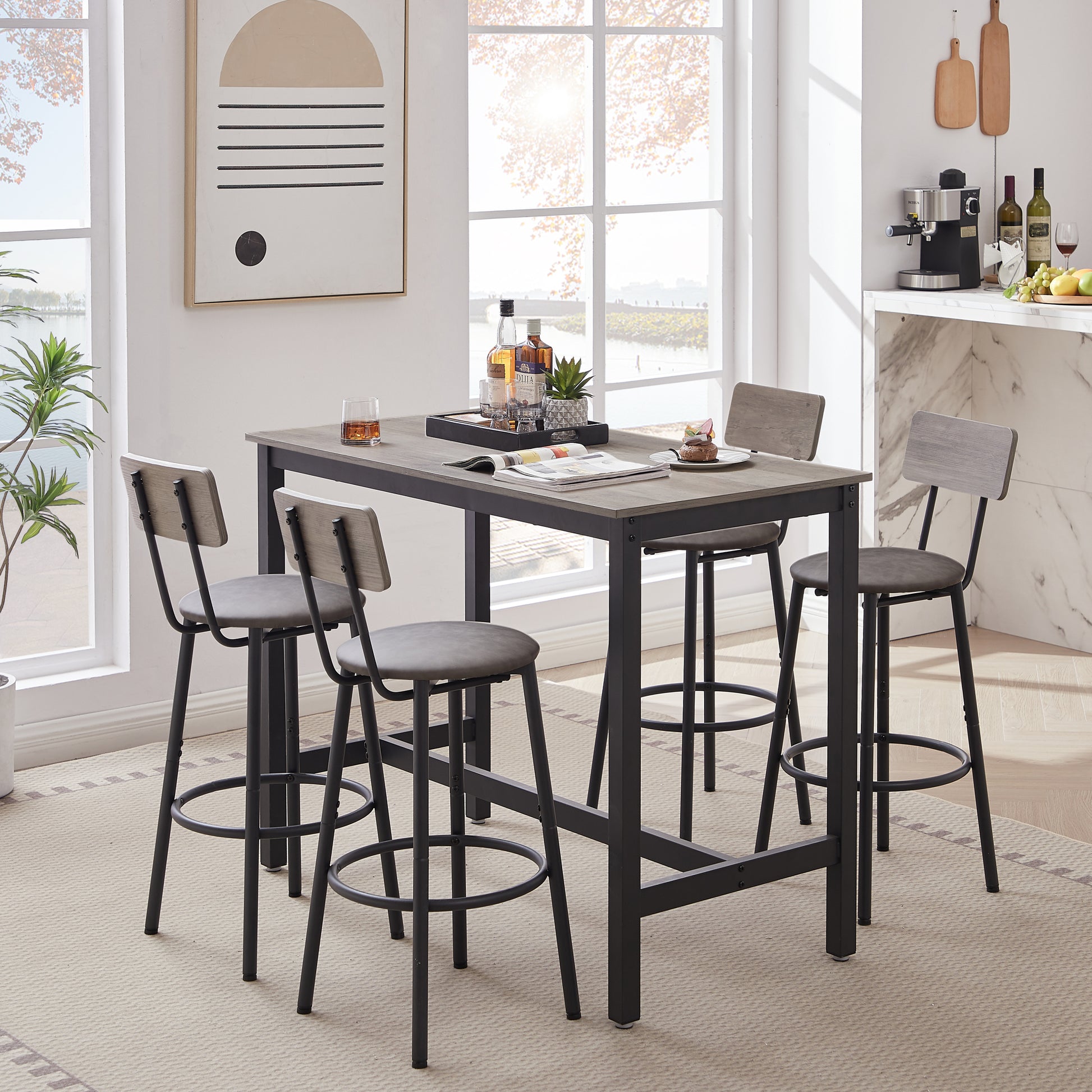 Bar Table Set With 4 Bar Stools Pu Soft Seat With Backrest, Grey, 47.24'' L X 23.62'' W X 35.43'' H Grey Particle Board