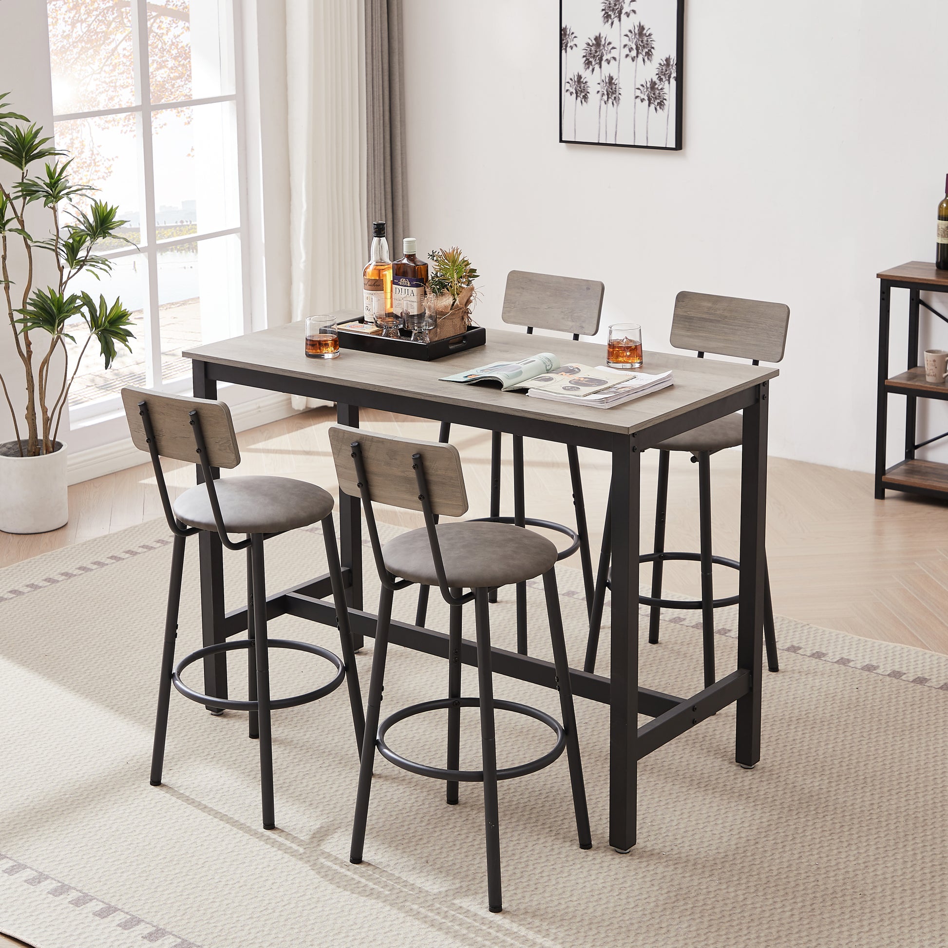 Bar Table Set With 4 Bar Stools Pu Soft Seat With Backrest, Grey, 47.24'' L X 23.62'' W X 35.43'' H Grey Particle Board