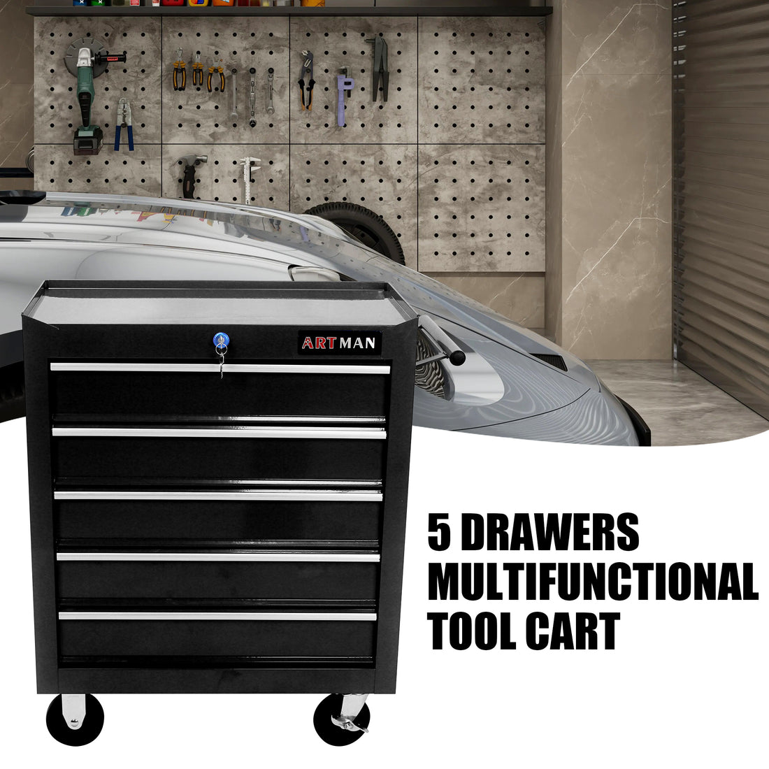 5 Drawers Multifunctional Tool Cart With Wheels Black Black Metal