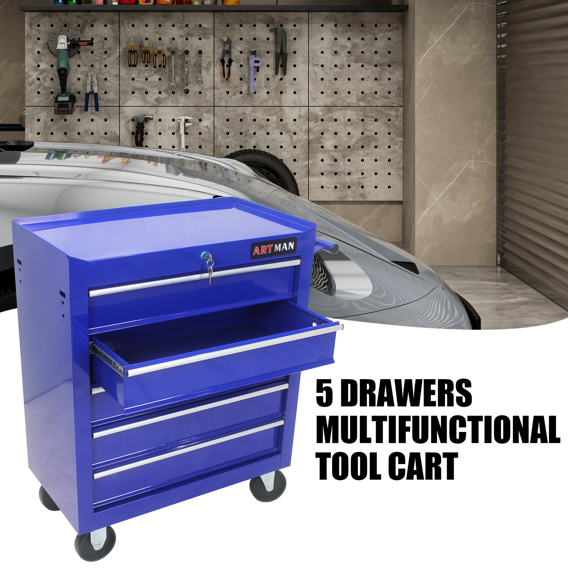 5 Drawers Multifunctional Tool Cart With Wheels Blue Blue Steel