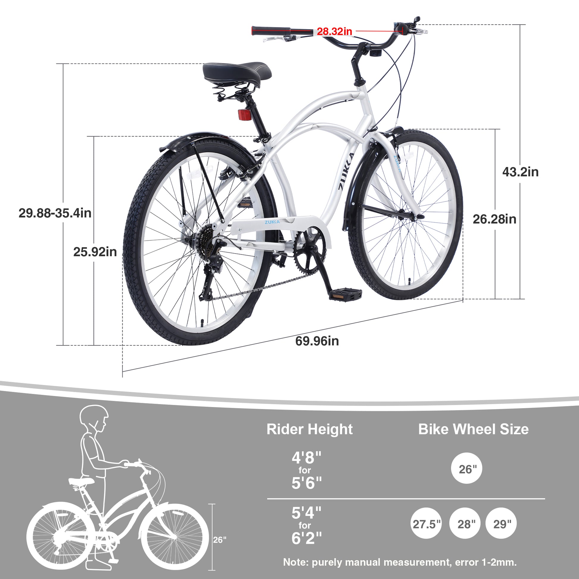 Men'S Beach Cruiser Bike, 7 Speed Bicycles, 26"Inch Multiple Colors Cycling Silver Beach Steel