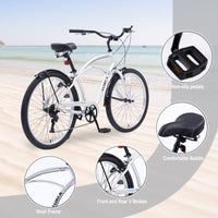 Men'S Beach Cruiser Bike, 7 Speed Bicycles, 26"Inch Multiple Colors Cycling Silver Beach Steel