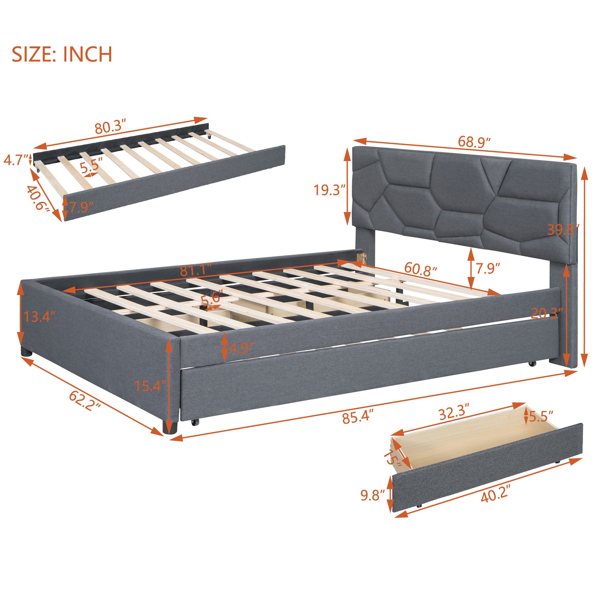 Queen Size Upholstered Platform Bed With Brick Pattern Headboard, With Twin Xl Size Trundle And 2 Drawers, Linen Fabric, Gray Gray Linen