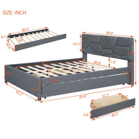 Queen Size Upholstered Platform Bed With Brick Pattern Headboard, With Twin Xl Size Trundle And 2 Drawers, Linen Fabric, Gray Gray Linen