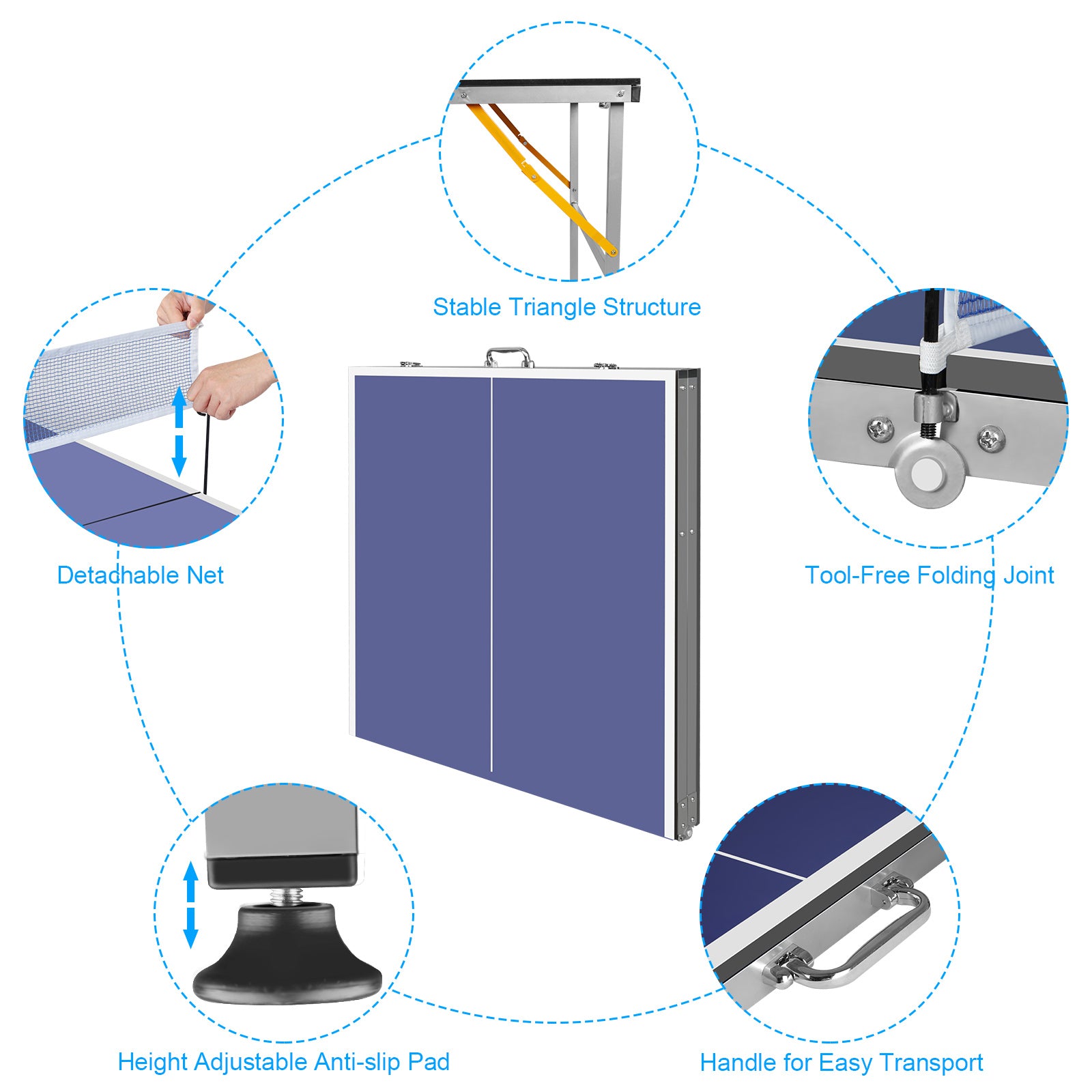 6Ft Mid Size Table Tennis Table Foldable & Portable Ping Pong Table Set For Indoor & Outdoor Games With Net, 2 Table Tennis Paddles And 3 Balls Blue Mdf