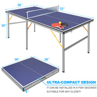 6Ft Mid Size Table Tennis Table Foldable & Portable Ping Pong Table Set For Indoor & Outdoor Games With Net, 2 Table Tennis Paddles And 3 Balls Blue Mdf