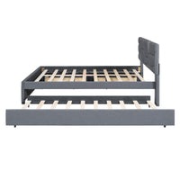 Queen Size Upholstered Platform Bed With Brick Pattern Headboard, With Twin Xl Size Trundle And 2 Drawers, Linen Fabric, Gray Gray Linen