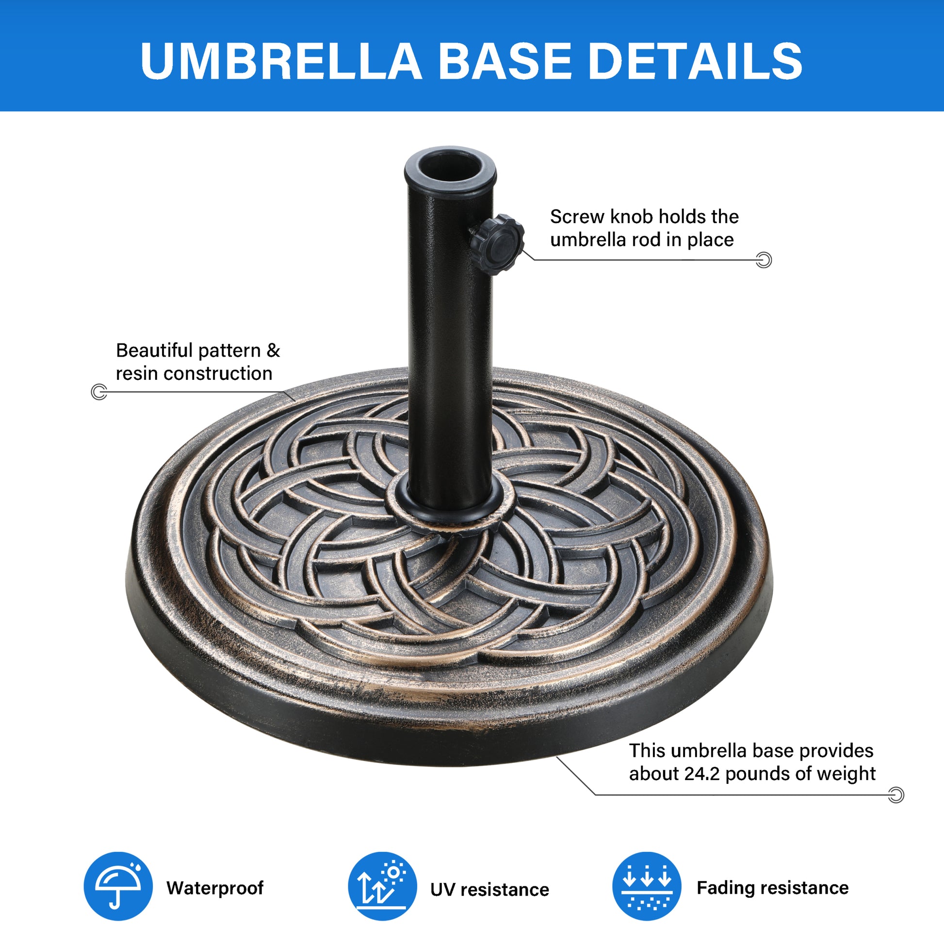 17.72" 24.2 Lbs Market Heavy Duty Umbrella Round Stand Base For Patio, Outdoor, Deck, Lawn, Garden, Bronze Brushed Gold Resin