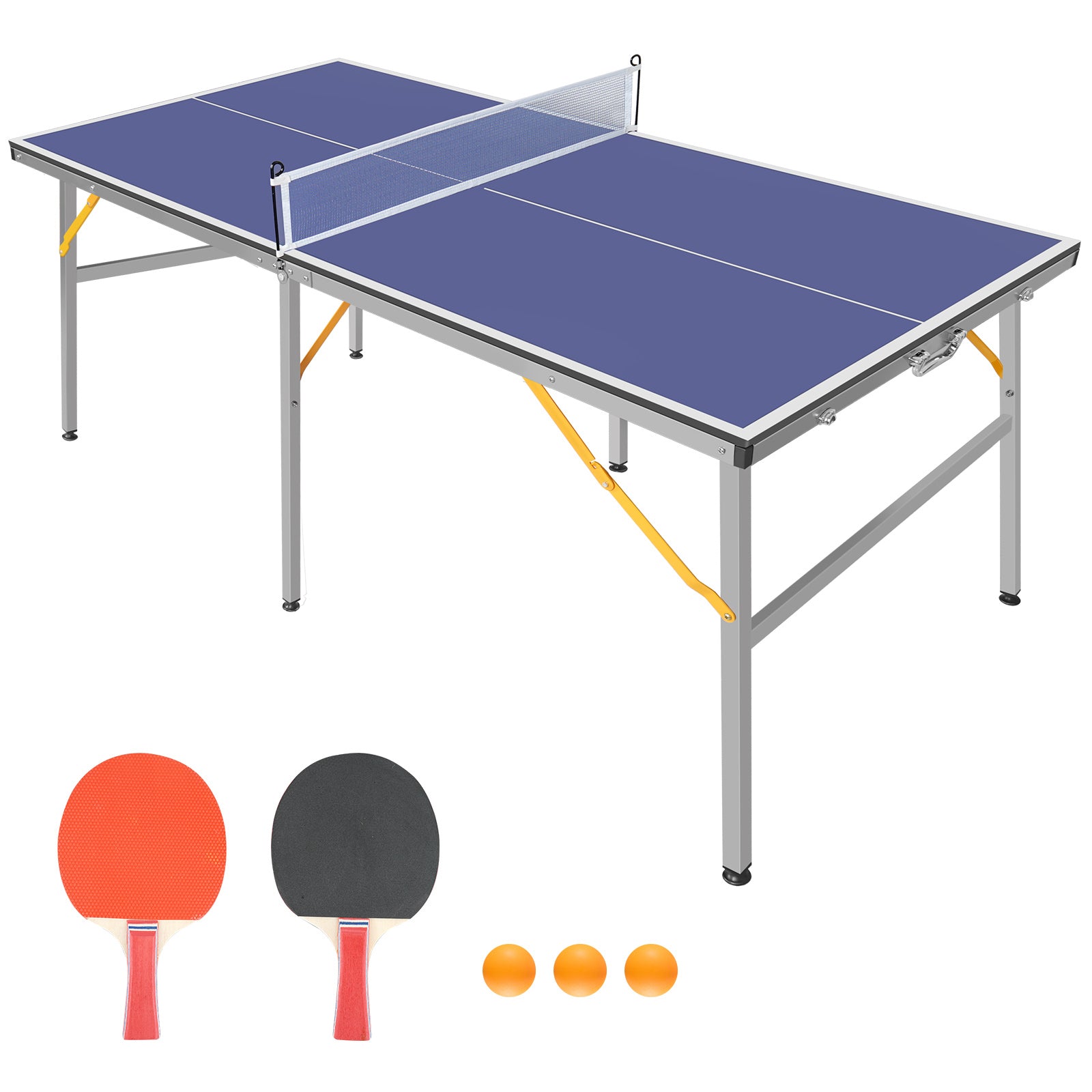 6Ft Mid Size Table Tennis Table Foldable & Portable Ping Pong Table Set For Indoor & Outdoor Games With Net, 2 Table Tennis Paddles And 3 Balls Blue Mdf