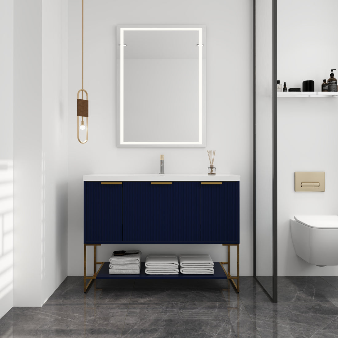 48 Inch Freestanding Bathroom Vanity With Resin Basin,48X18 Navy Blue Freestanding Plywood