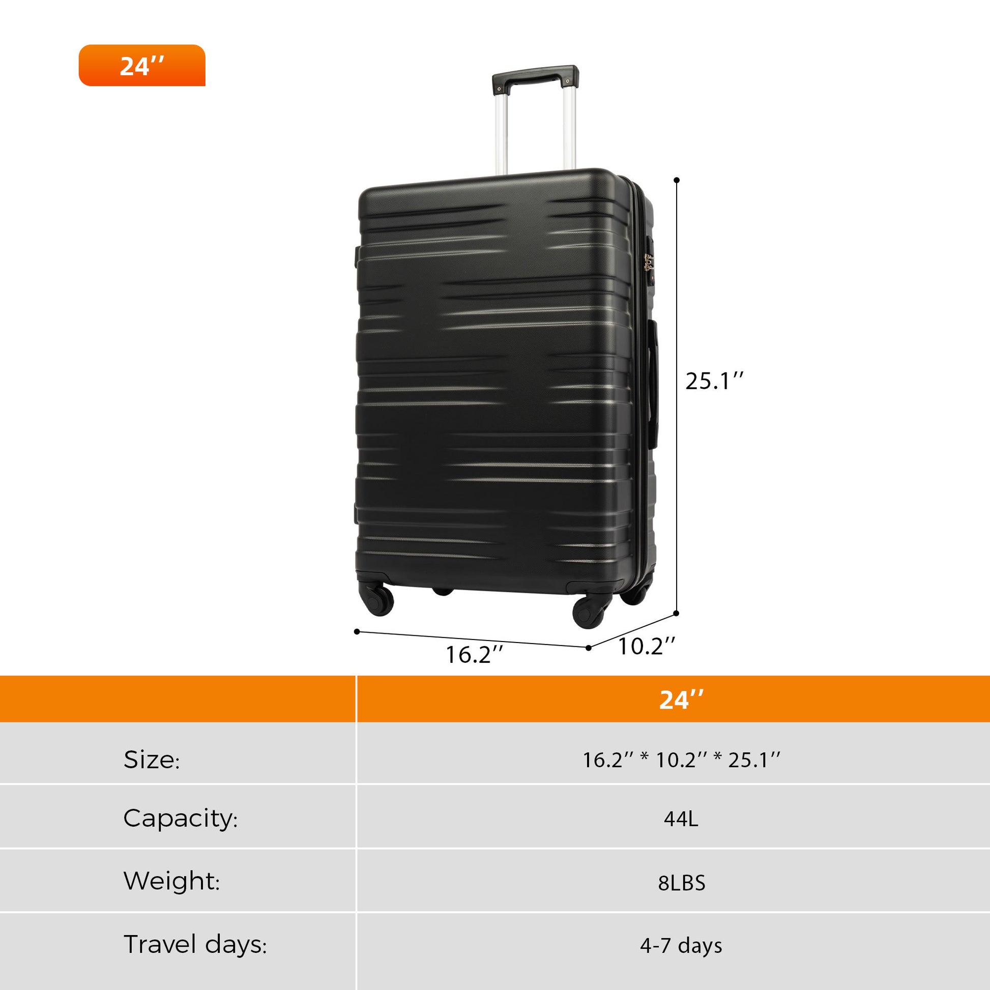 Luggage With Tsa Lock Spinner Wheels Hardside Expandable Luggage Travel Suitcase Check In Luggage Abs 24" Black Abs