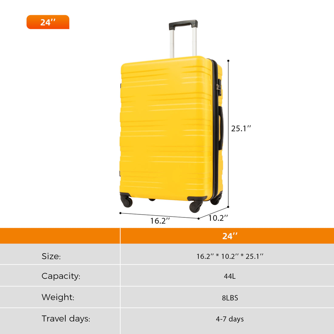 Luggage With Tsa Lock Spinner Wheels Hardside Expandable Luggage Travel Suitcase Check In Luggage Abs 24" Yellow Abs