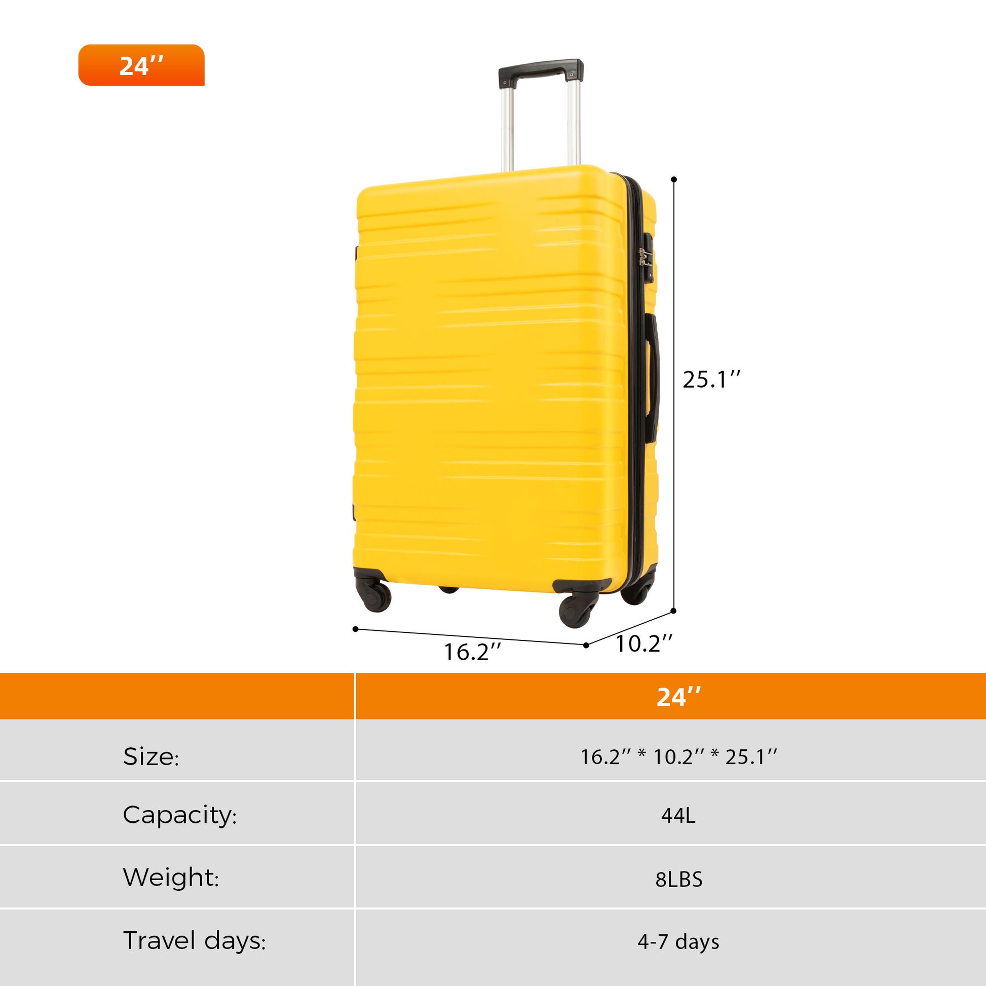 Luggage With Tsa Lock Spinner Wheels Hardside Expandable Luggage Travel Suitcase Check In Luggage Abs 24" Yellow Abs