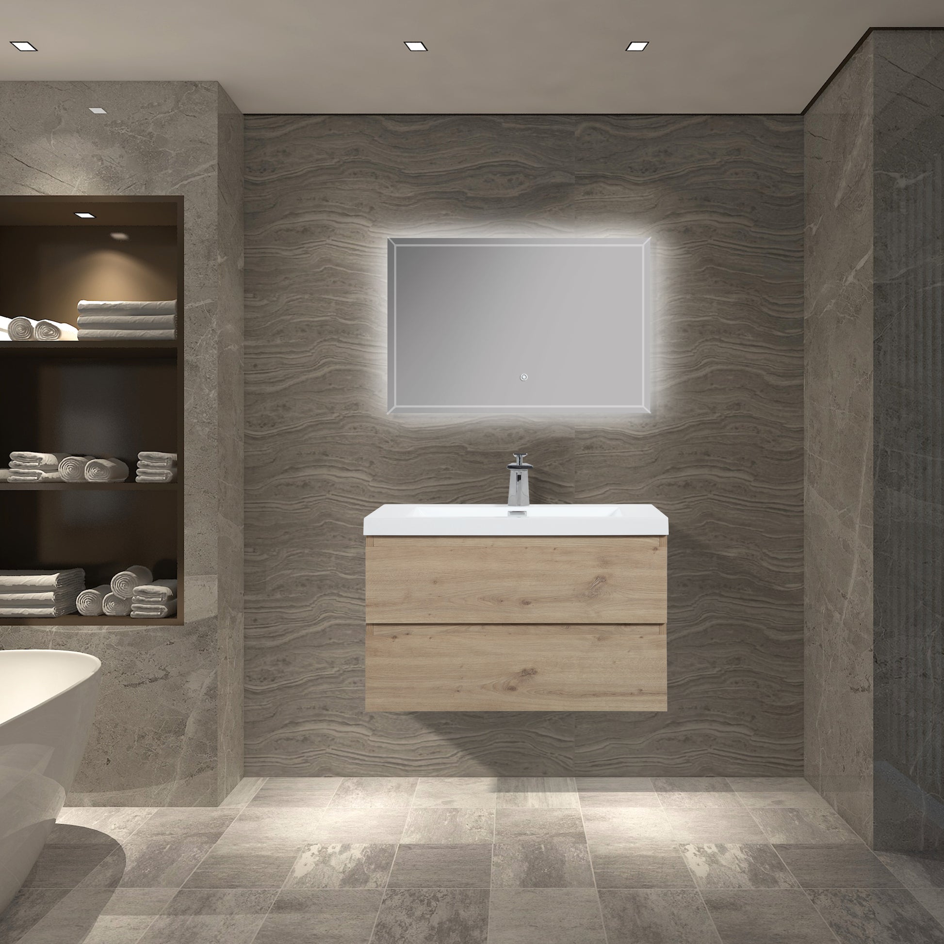 36'' Wall Mounted Bathroom Vanity In Natural Wood Natural Wood Melamine