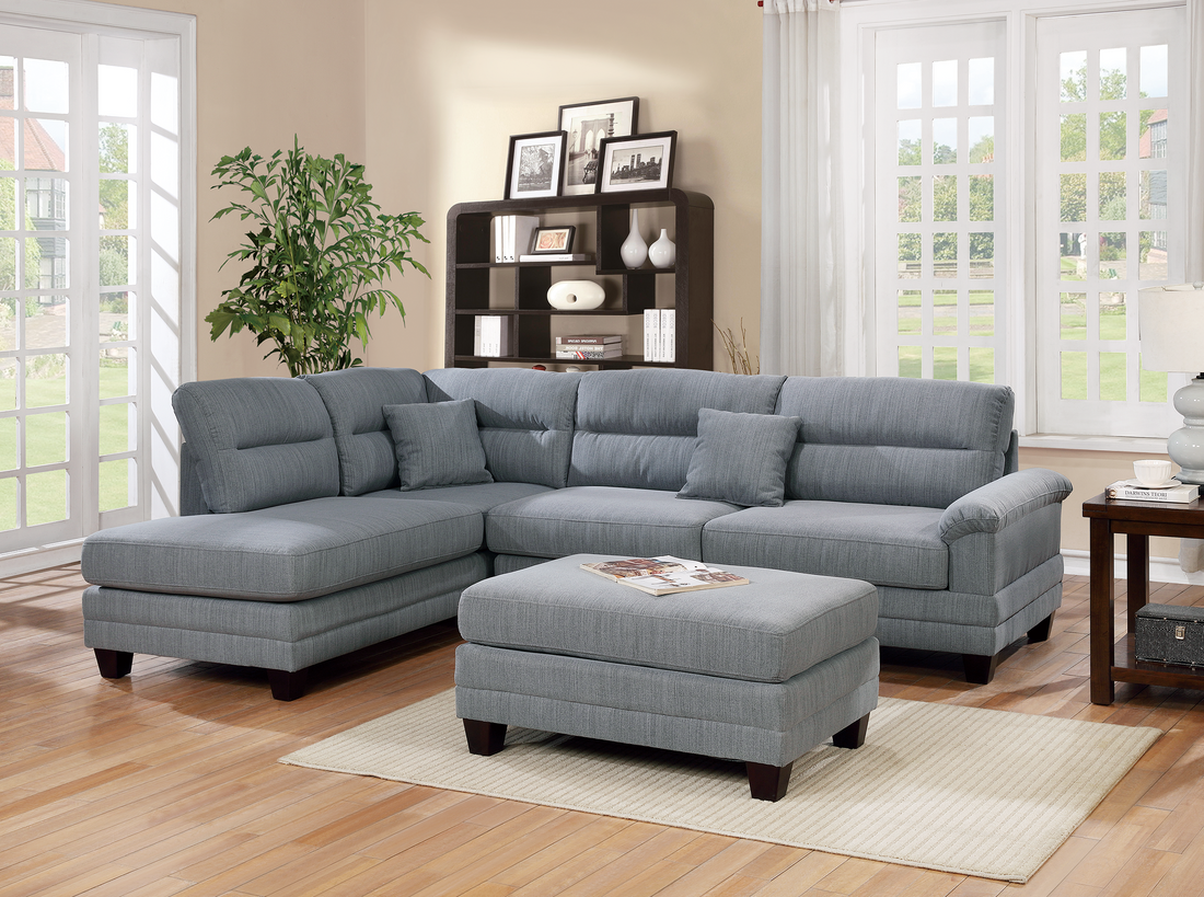 3 Pcs Sectional In Grey - Grey Fabric
