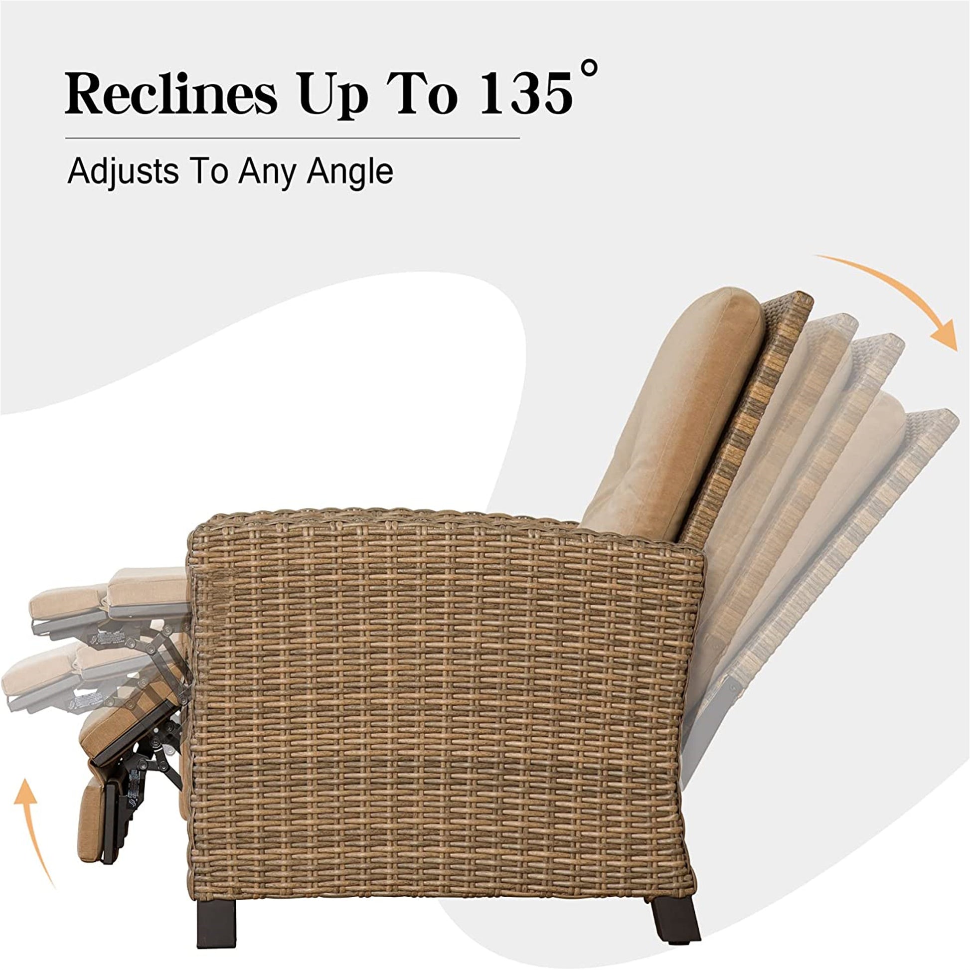 Indoor & Outdoor Recliner, All Weather Wicker Reclining Patio Chair, Khaki Cushion Khaki,1 Chair Khaki Rattan