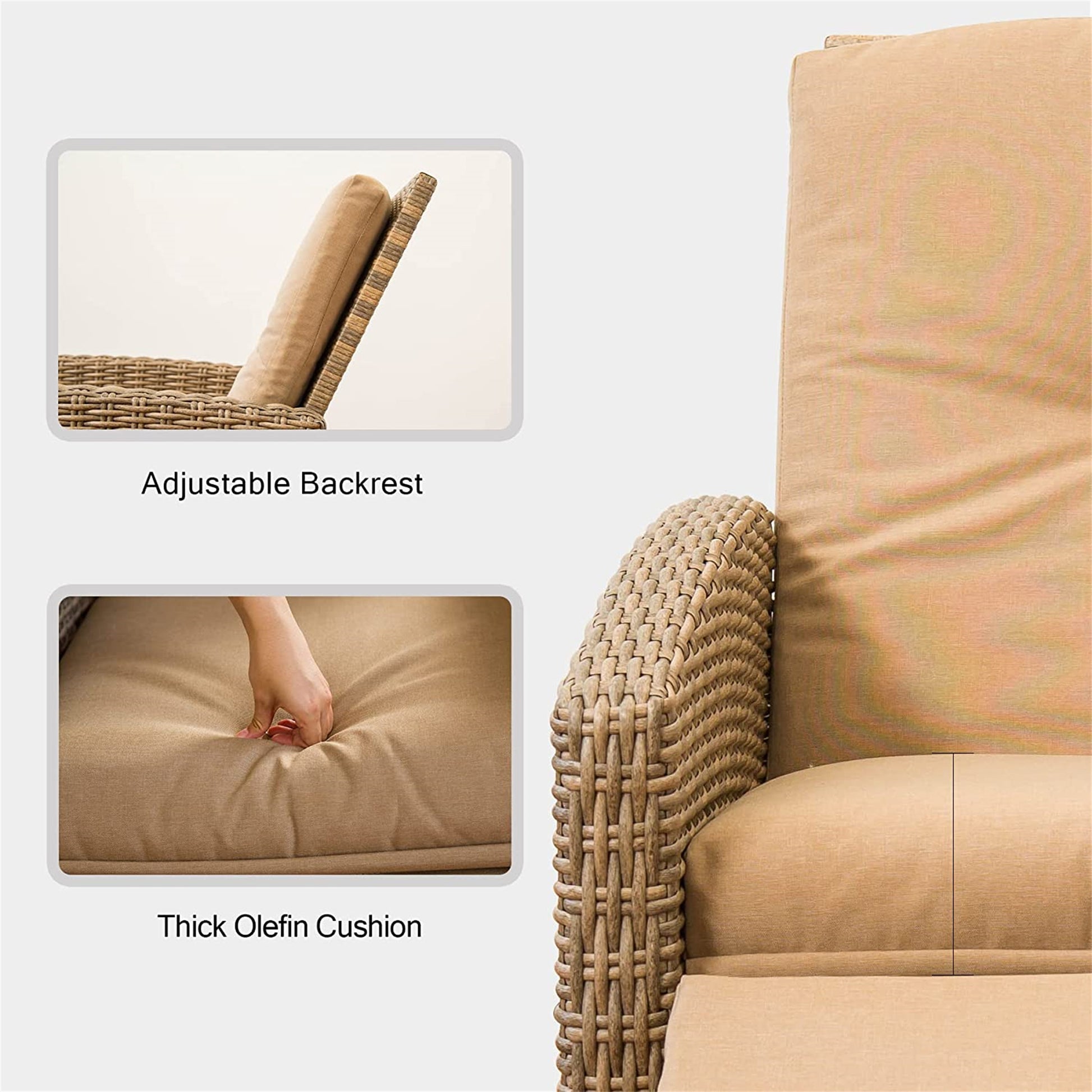 Indoor & Outdoor Recliner, All Weather Wicker Reclining Patio Chair, Khaki Cushion Khaki,1 Chair Khaki Rattan
