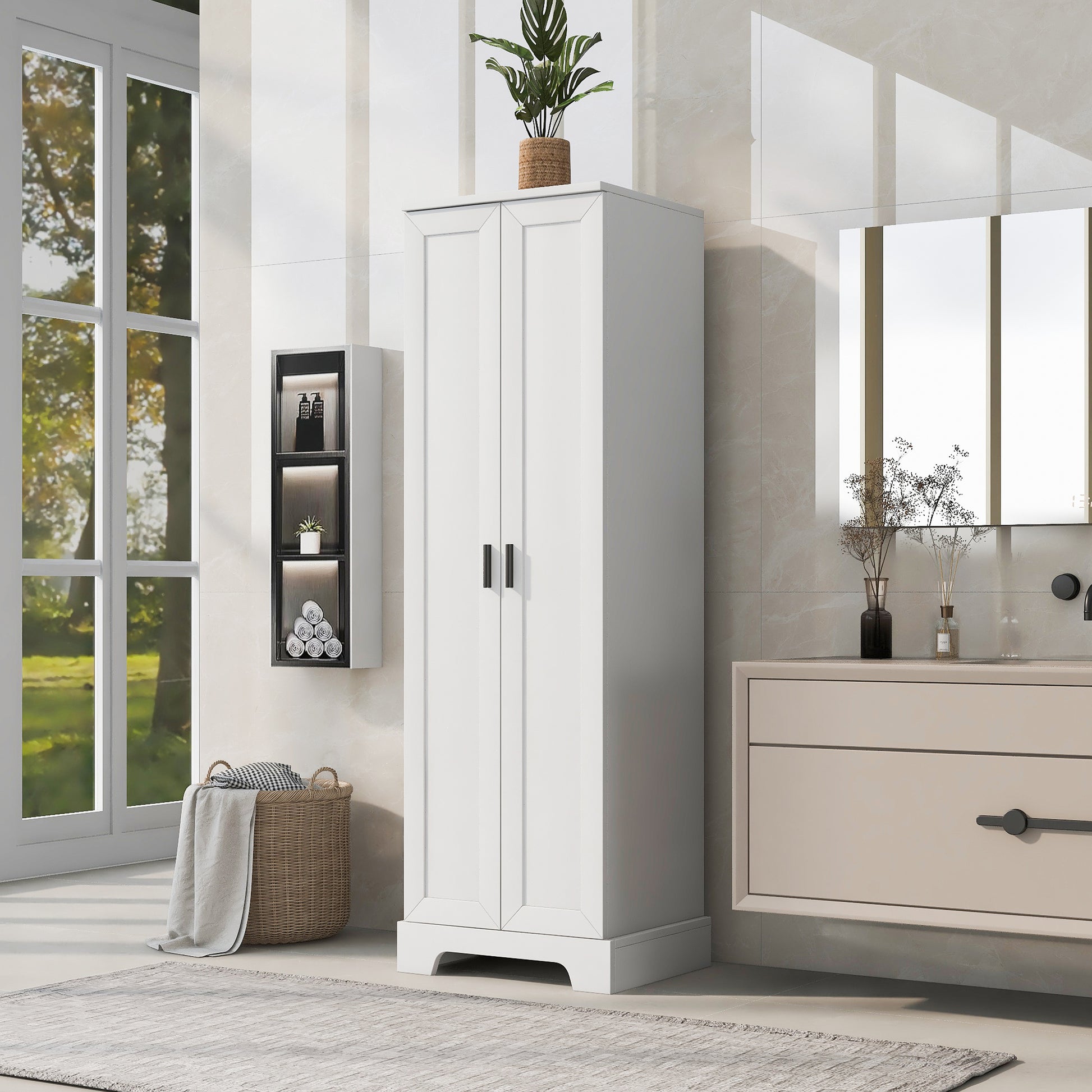 Storage Cabinet With Two Doors For Bathroom, Office, Adjustable Shelf, Mdf Board, White White Mdf