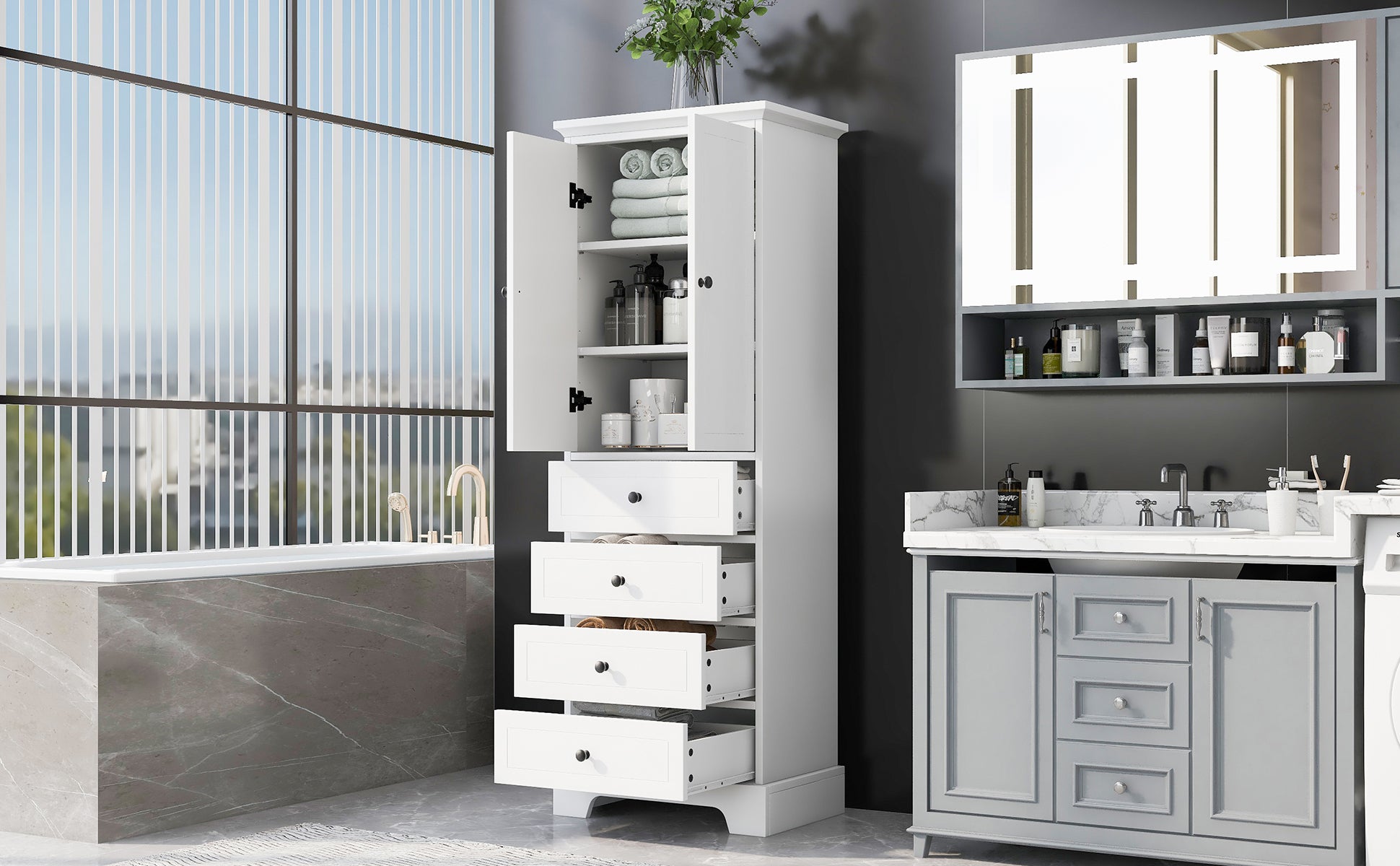 Storage Cabinet With 2 Doors And 4 Drawers For Bathroom, Office, Adjustable Shelf, Mdf Board With Painted Finish, White White Mdf