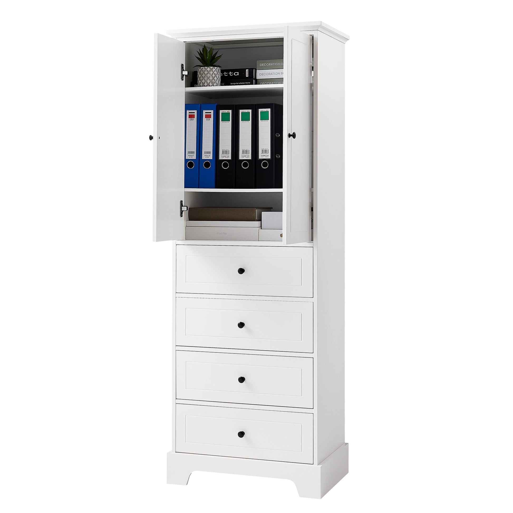 Storage Cabinet With 2 Doors And 4 Drawers For Bathroom, Office, Adjustable Shelf, Mdf Board With Painted Finish, White White Mdf