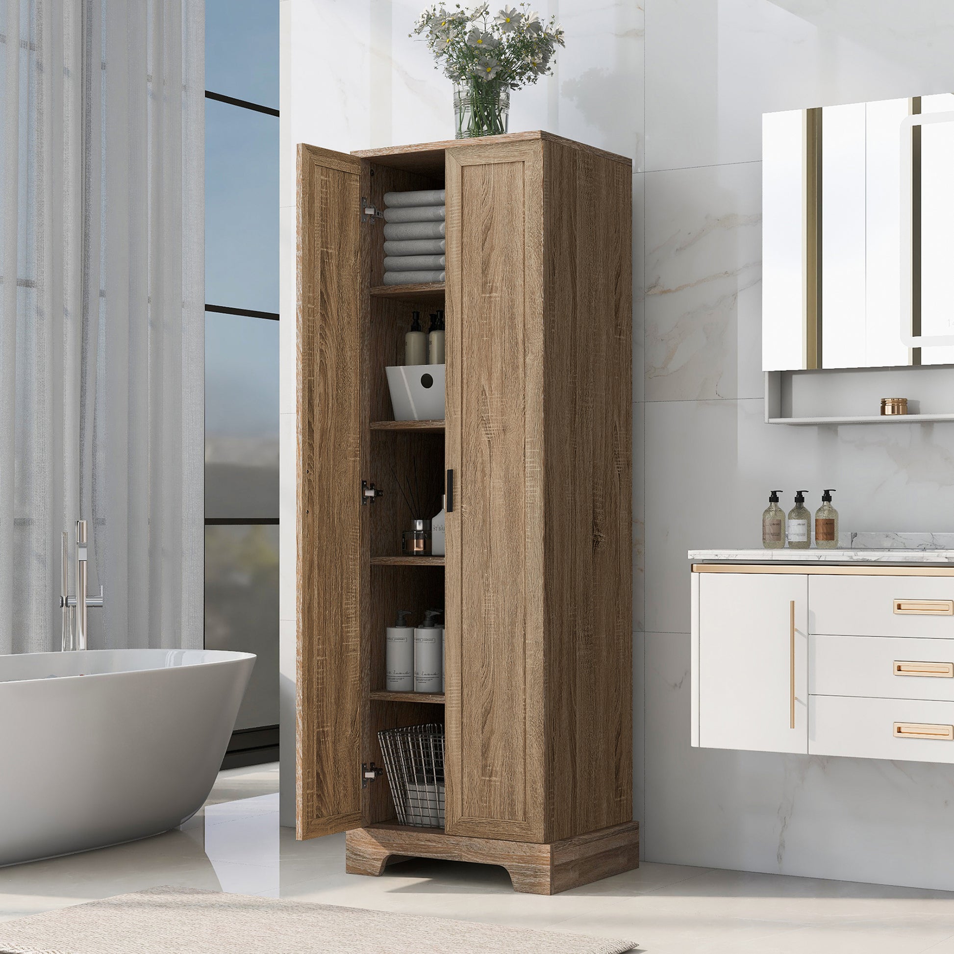 Storage Cabinet With Two Doors For Bathroom, Office, Adjustable Shelf, Mdf Board, Brown Brown Mdf