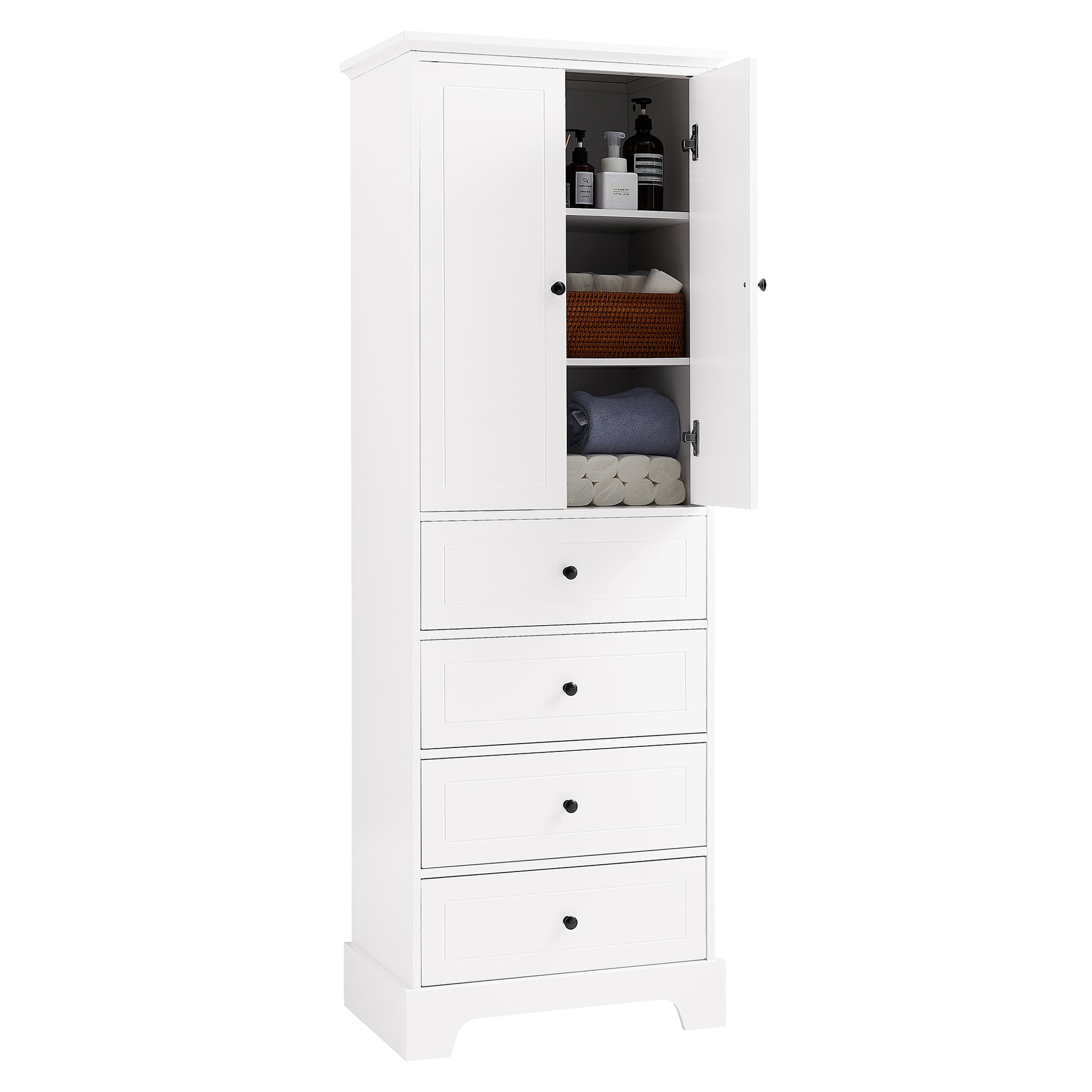 Storage Cabinet With 2 Doors And 4 Drawers For Bathroom, Office, Adjustable Shelf, Mdf Board With Painted Finish, White White Mdf