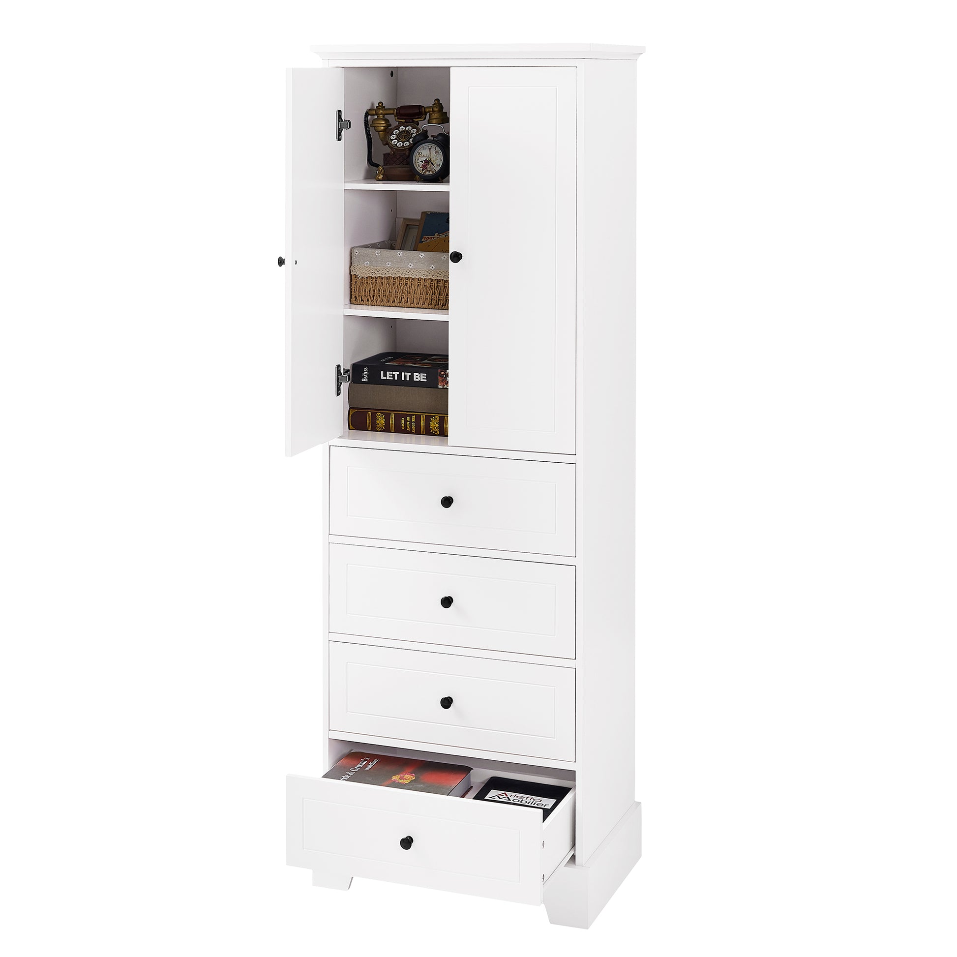 Storage Cabinet With 2 Doors And 4 Drawers For Bathroom, Office, Adjustable Shelf, Mdf Board With Painted Finish, White White Mdf