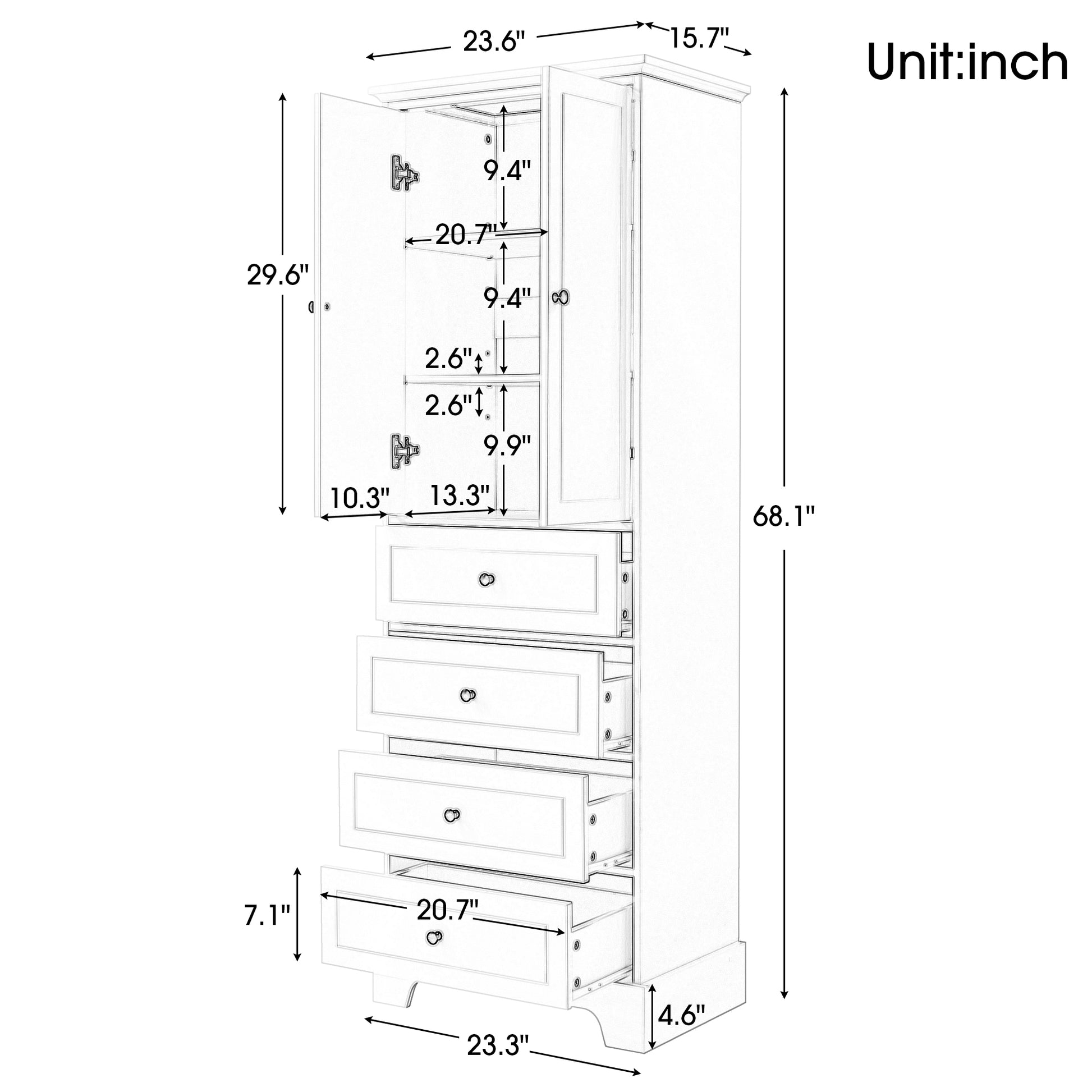 Storage Cabinet With 2 Doors And 4 Drawers For Bathroom, Office, Adjustable Shelf, Mdf Board With Painted Finish, White White Mdf