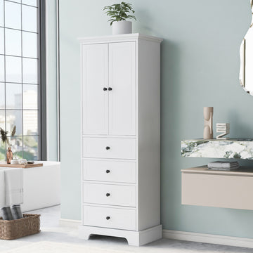 Storage Cabinet With 2 Doors And 4 Drawers For Bathroom, Office, Adjustable Shelf, Mdf Board With Painted Finish, White White Mdf