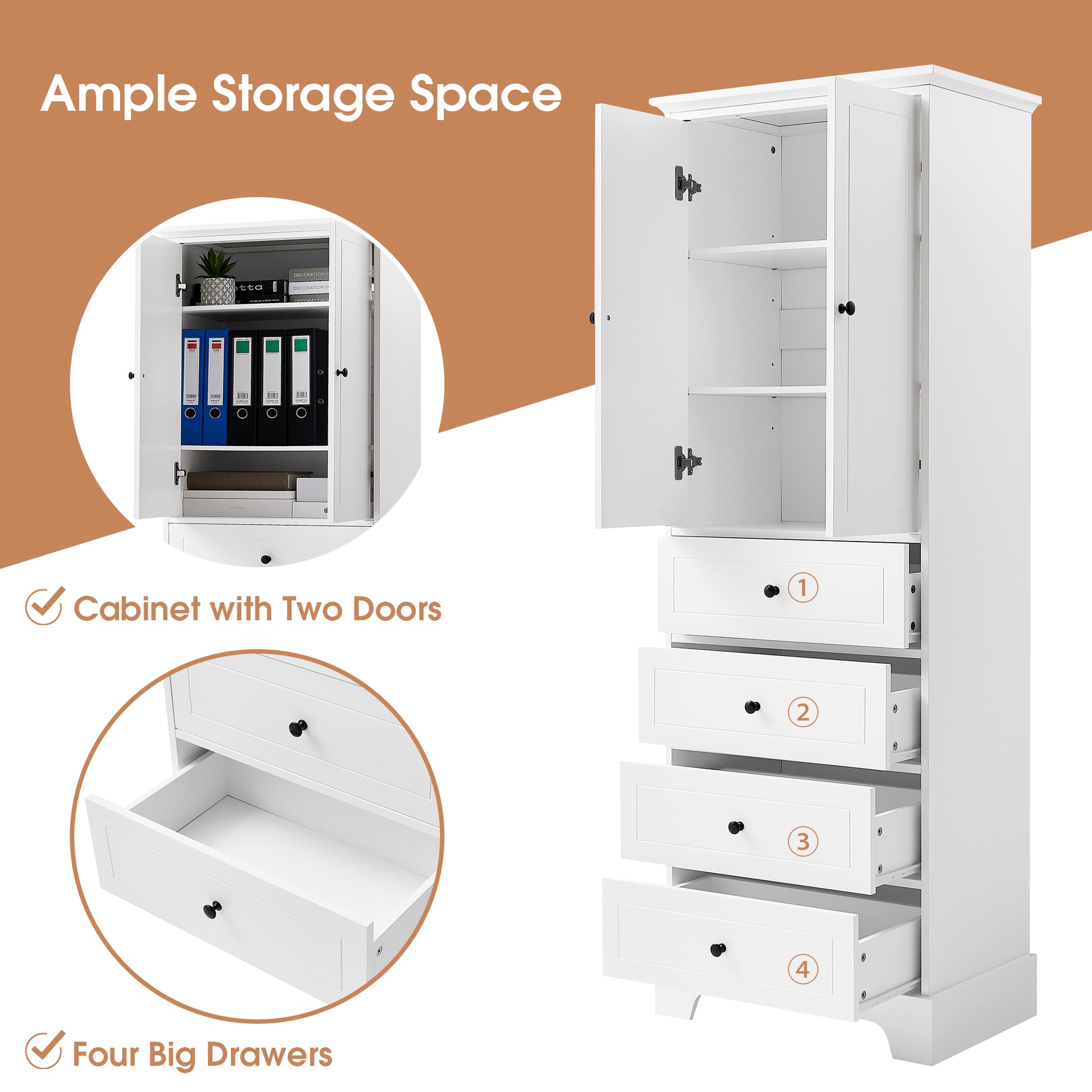 Storage Cabinet With 2 Doors And 4 Drawers For Bathroom, Office, Adjustable Shelf, Mdf Board With Painted Finish, White White Mdf