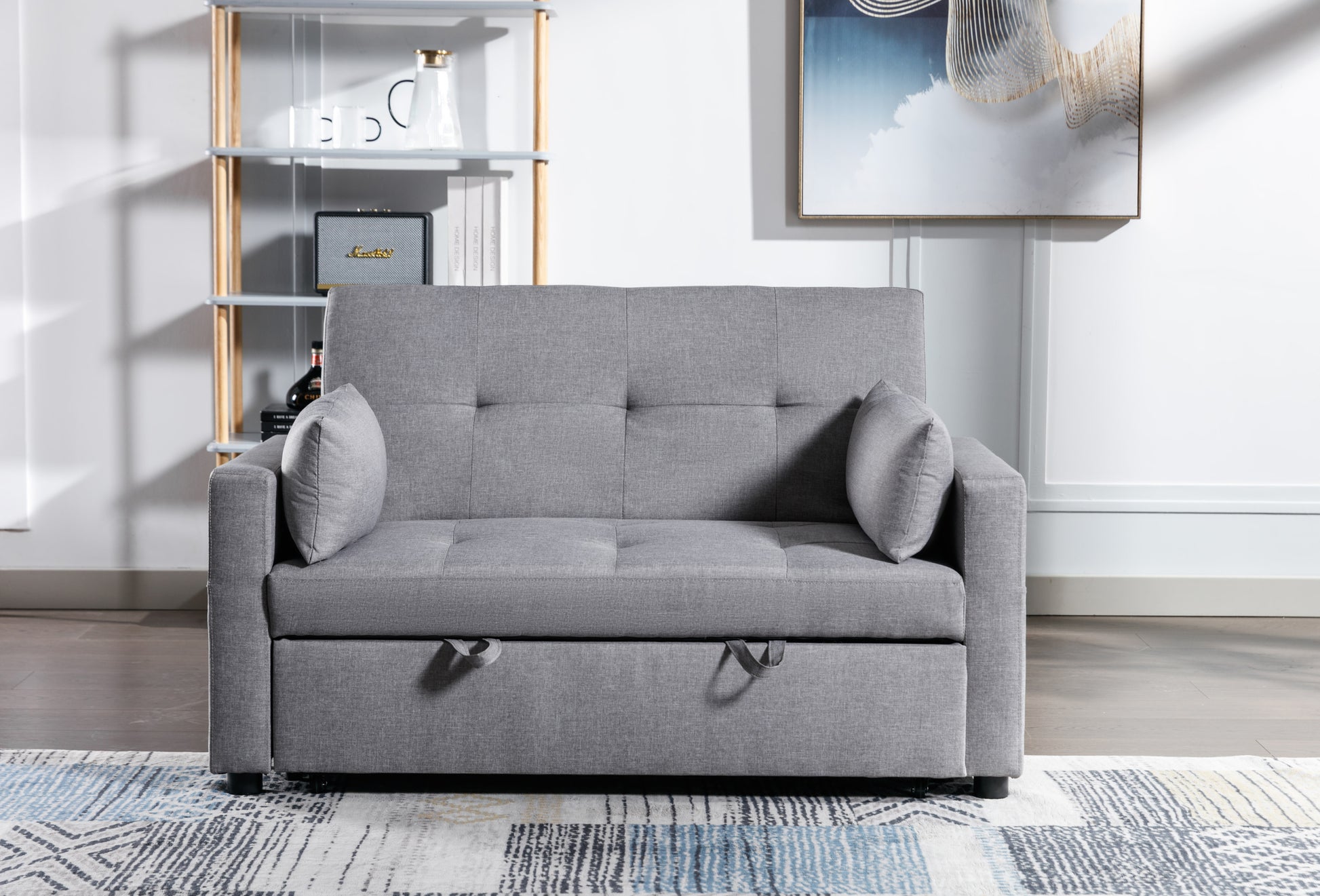 Light Grey Linen Fabric 3 In 1 Convertible Sleeper Loveseat With Side Pocket. Light Grey Linen