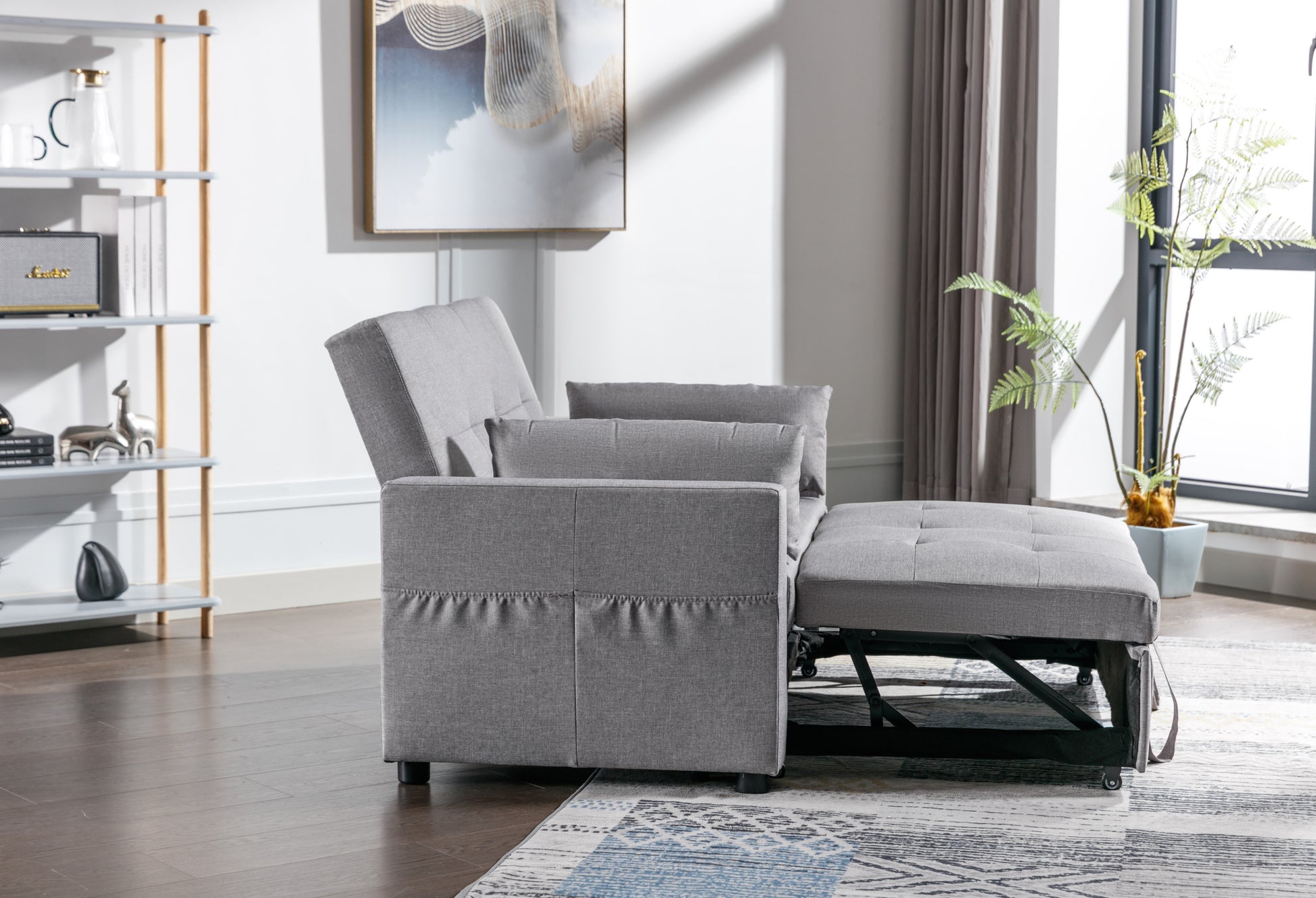 Light Grey Linen Fabric 3 In 1 Convertible Sleeper Loveseat With Side Pocket. Light Grey Linen