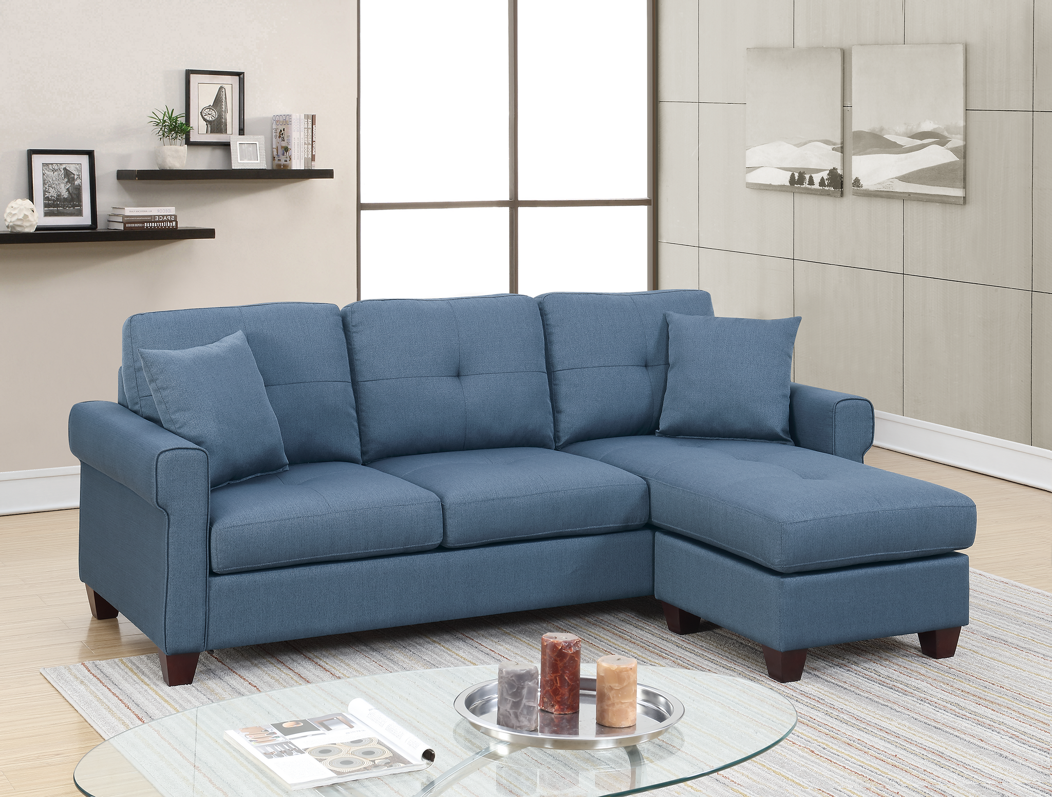 2 Pcs Sectional In Blue Blue Fabric