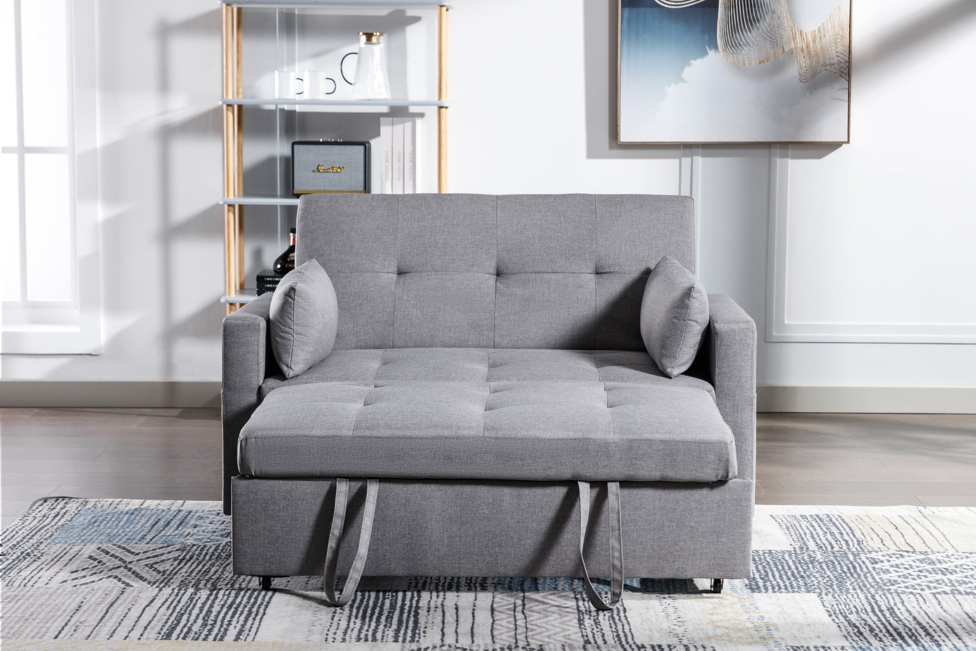 Light Grey Linen Fabric 3 In 1 Convertible Sleeper Loveseat With Side Pocket. Light Grey Linen