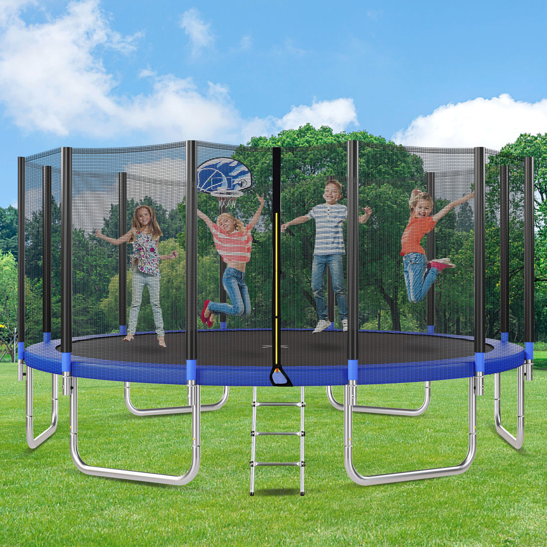 16Ft Trampoline For Kids With Safety Enclosure Net, Basketball Hoop And Ladder, Easy Assembly Round Outdoor Recreational Trampoline Blue Metal