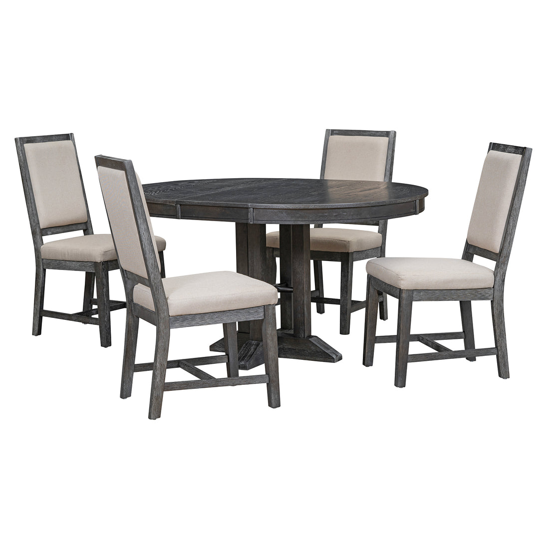 5 Piece Dining Set Extendable Round Table And 4 Upholstered Chairs Farmhouse Dining Set For Kitchen, Dining Room Black Black Solid Wood Mdf