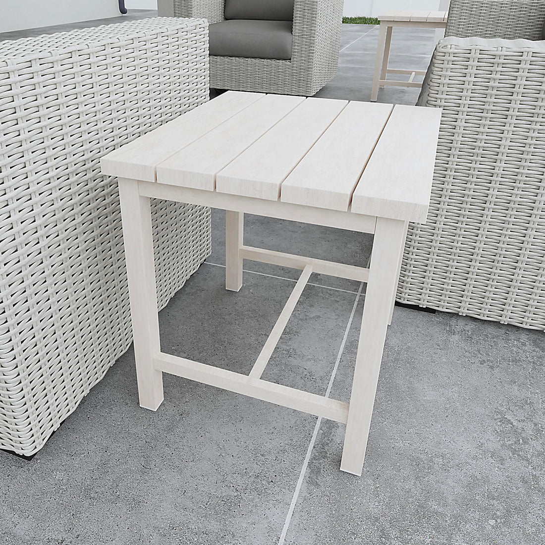 Durable Outdoor End Table Solid Aluminum Construction, Whitewashed Birch Look Natural Charm, Adjustable Levelers Light Gray Aluminium