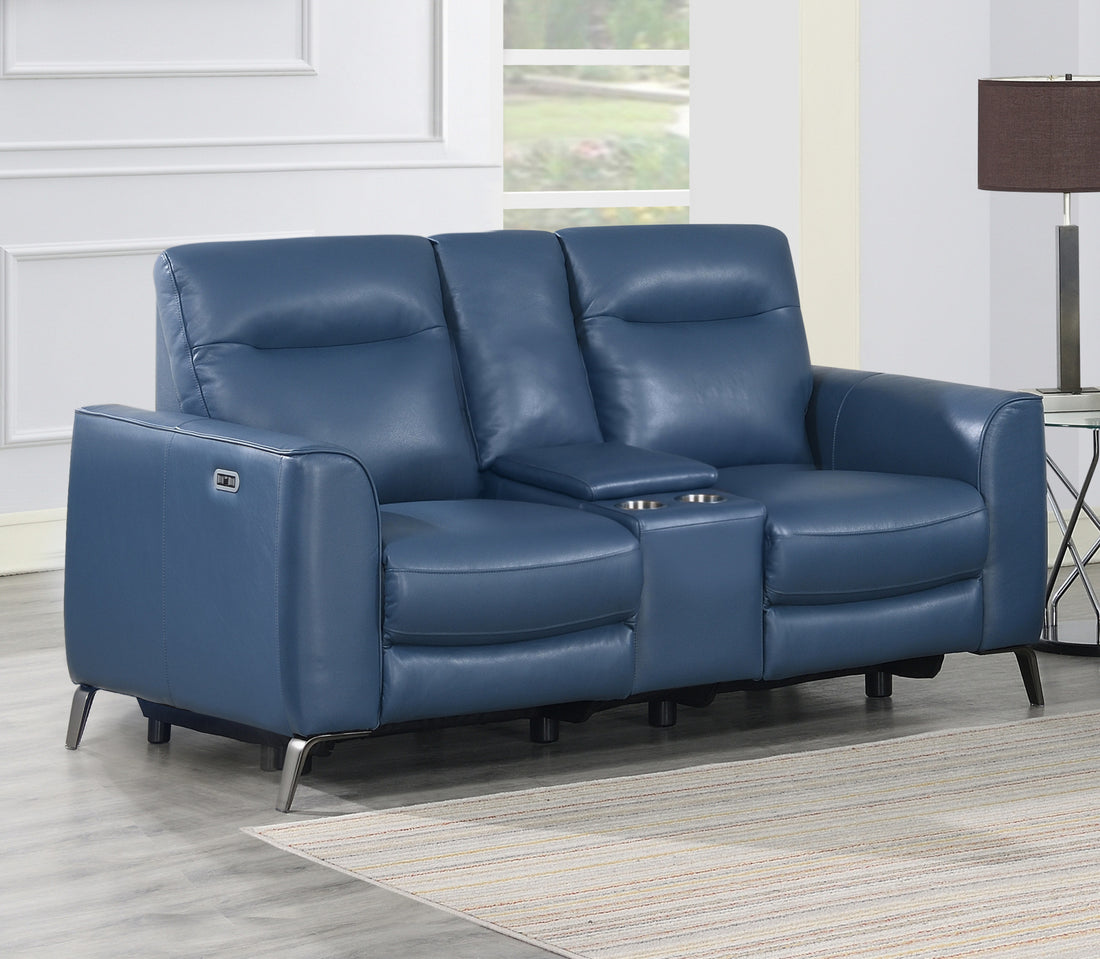 High Leg Console Loveseat Top Grain Leather, Dual Power, Ocean Blue Color Stowaway Footrest, Flaired Chrome Leg, Motion Furniture Look Dark Blue Foam Leather